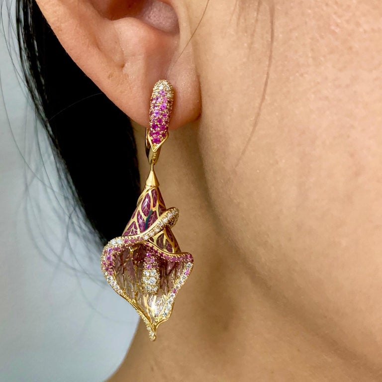 Enamel, Pink Sapphires, Diamonds 18K Yellow Gold Earrings, E 0275-7