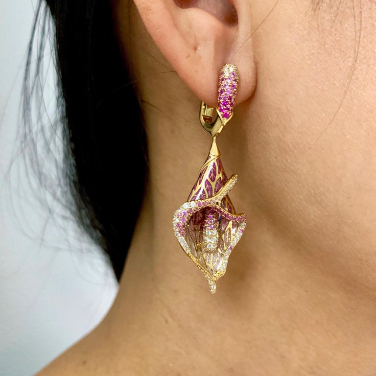 Enamel, Pink Sapphires, Diamonds 18K Yellow Gold Earrings, E 0275-7