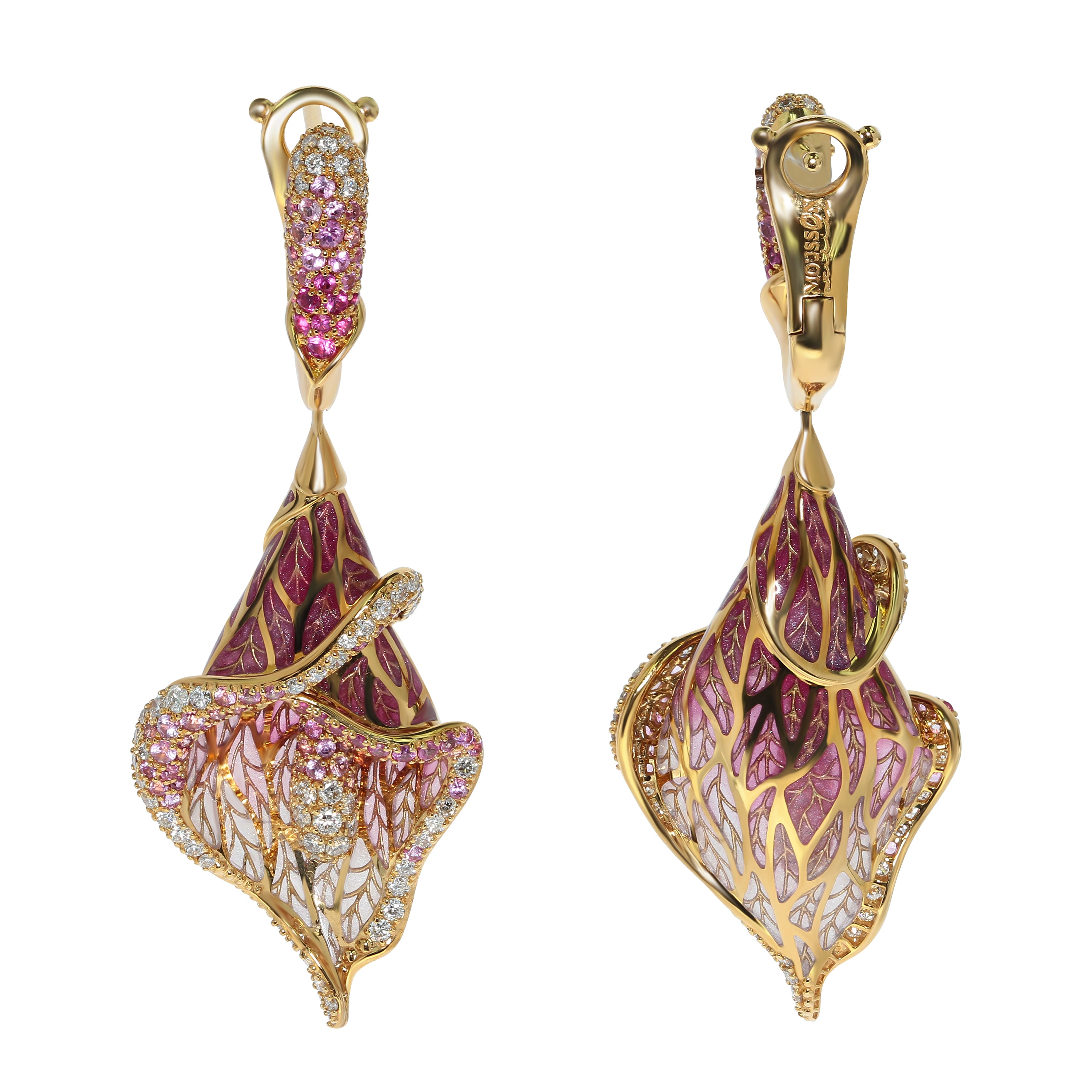 Enamel, Pink Sapphires, Diamonds 18K Yellow Gold Earrings, E 0275-7