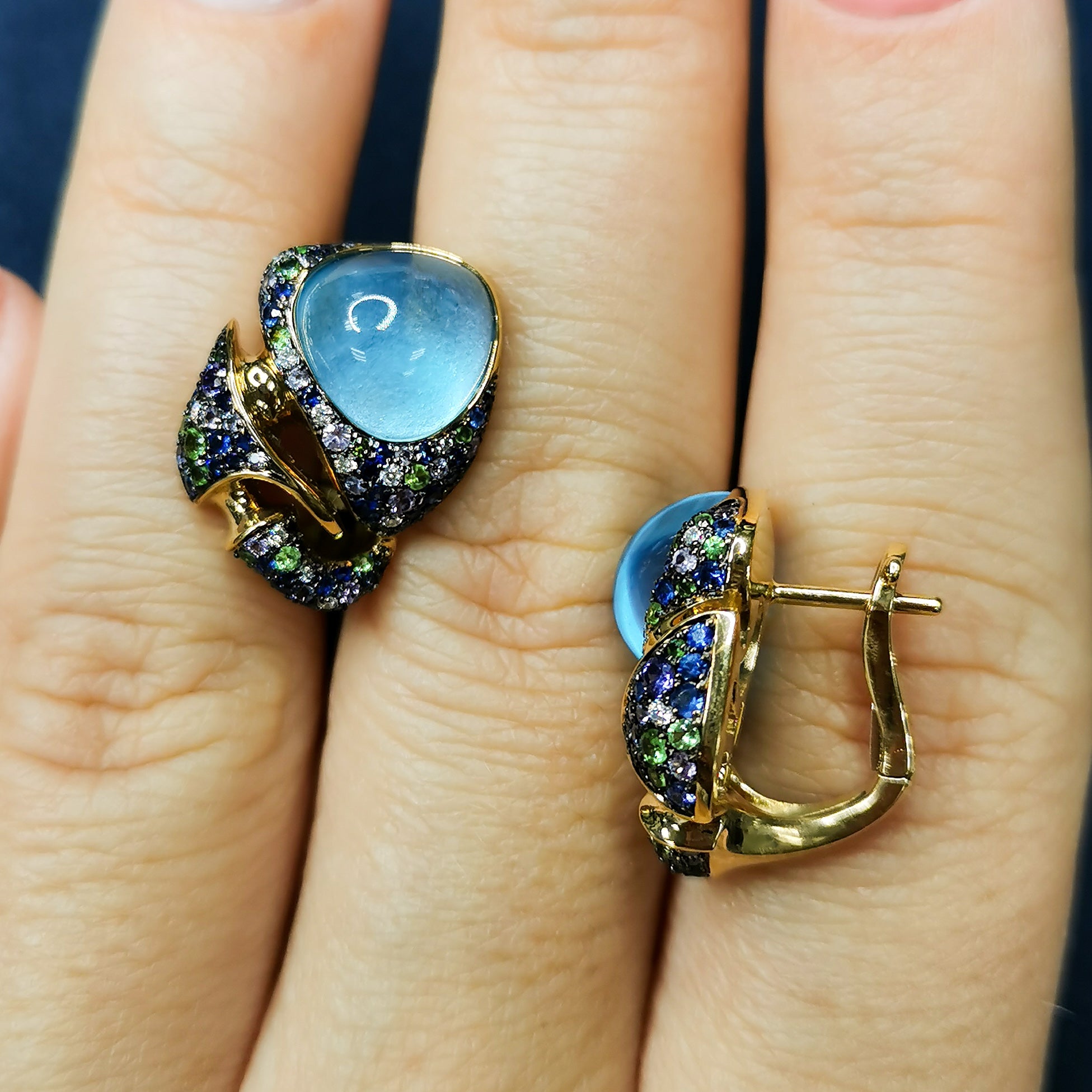 Topaz, Sapphires, Diamonds 18K Yellow Gold Earrings, E 0007-1
