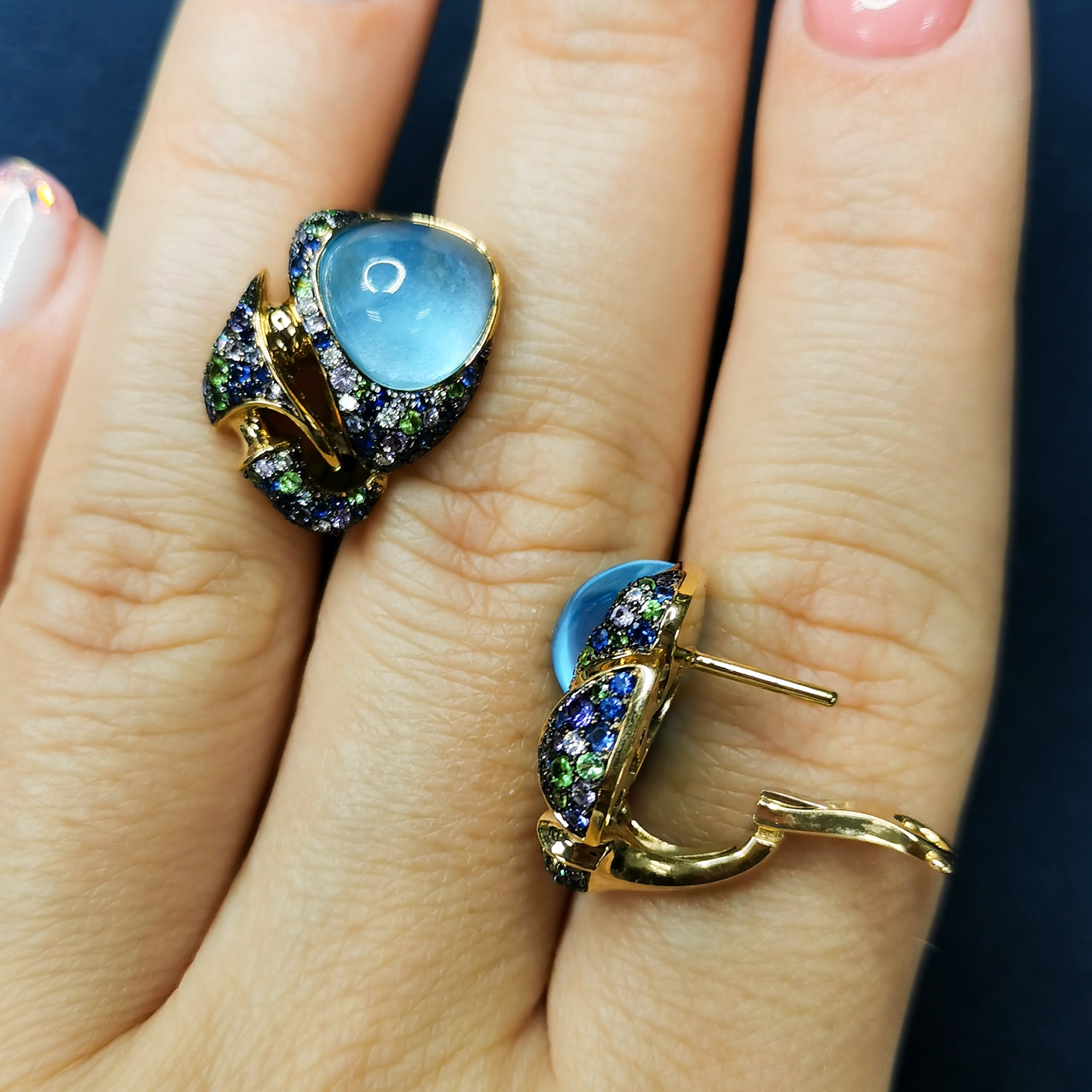 Topaz, Sapphires, Diamonds 18K Yellow Gold Earrings, E 0007-1
