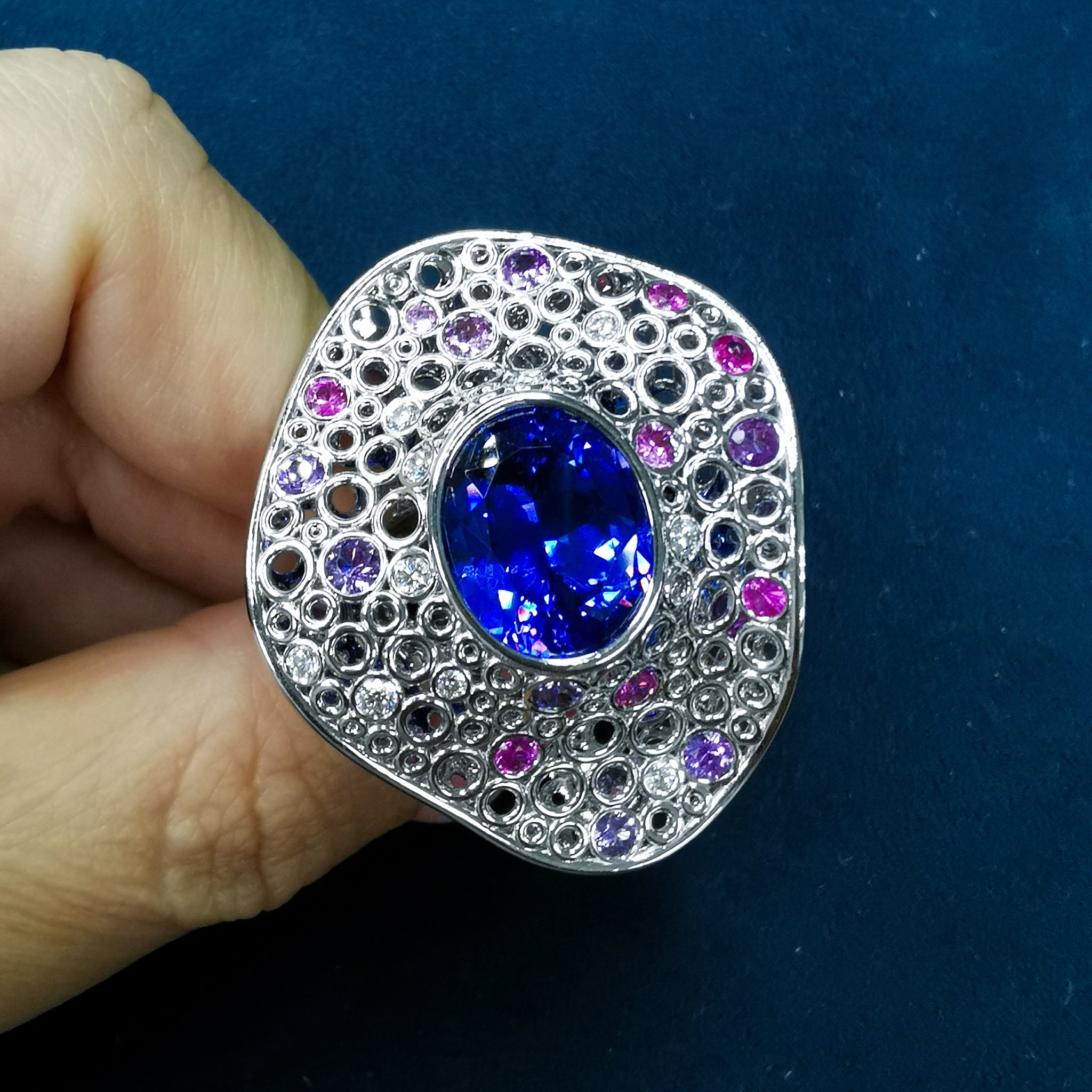 Tanzanite, Diamonds, Purple Pink Sapphires 18K White Gold Ring, R 0023-6