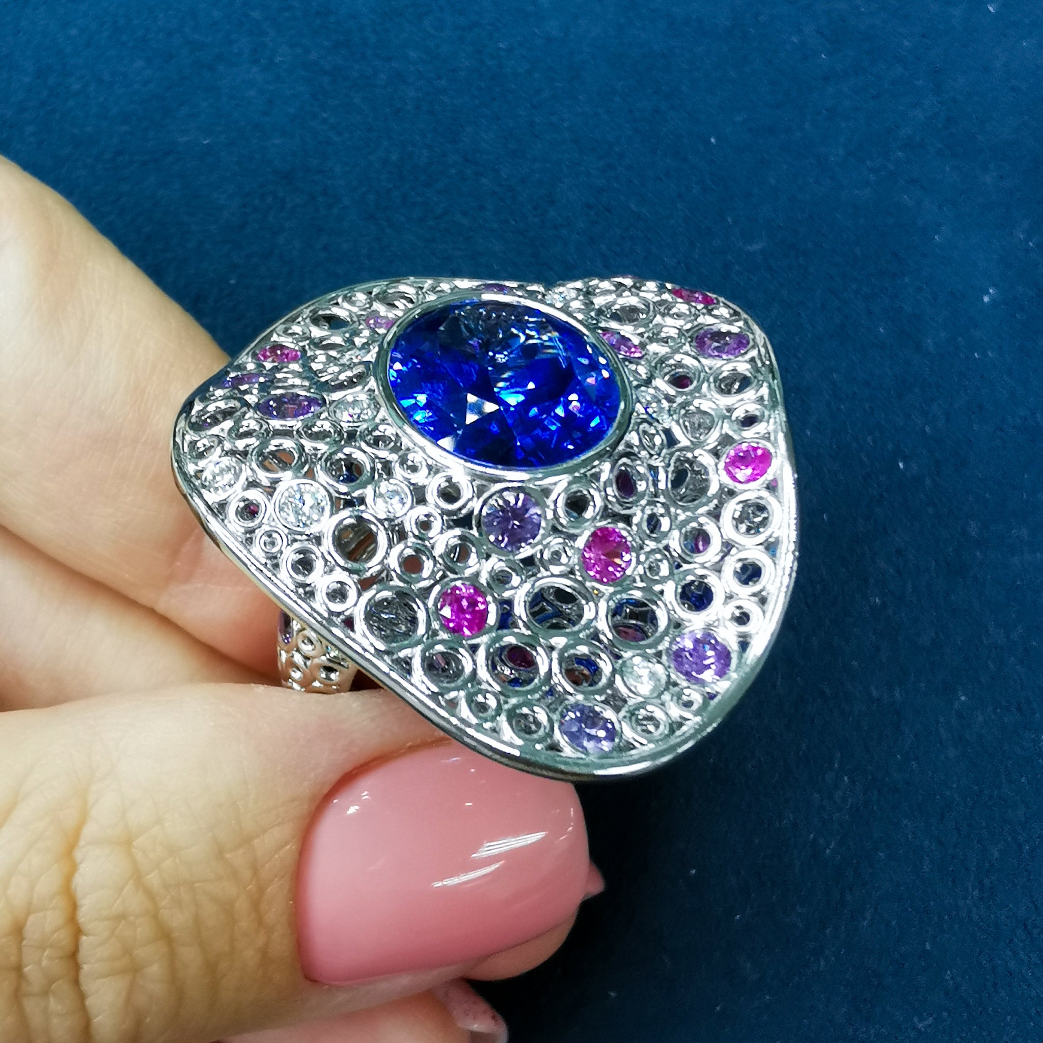 Tanzanite, Diamonds, Purple Pink Sapphires 18K White Gold Ring, R 0023-6
