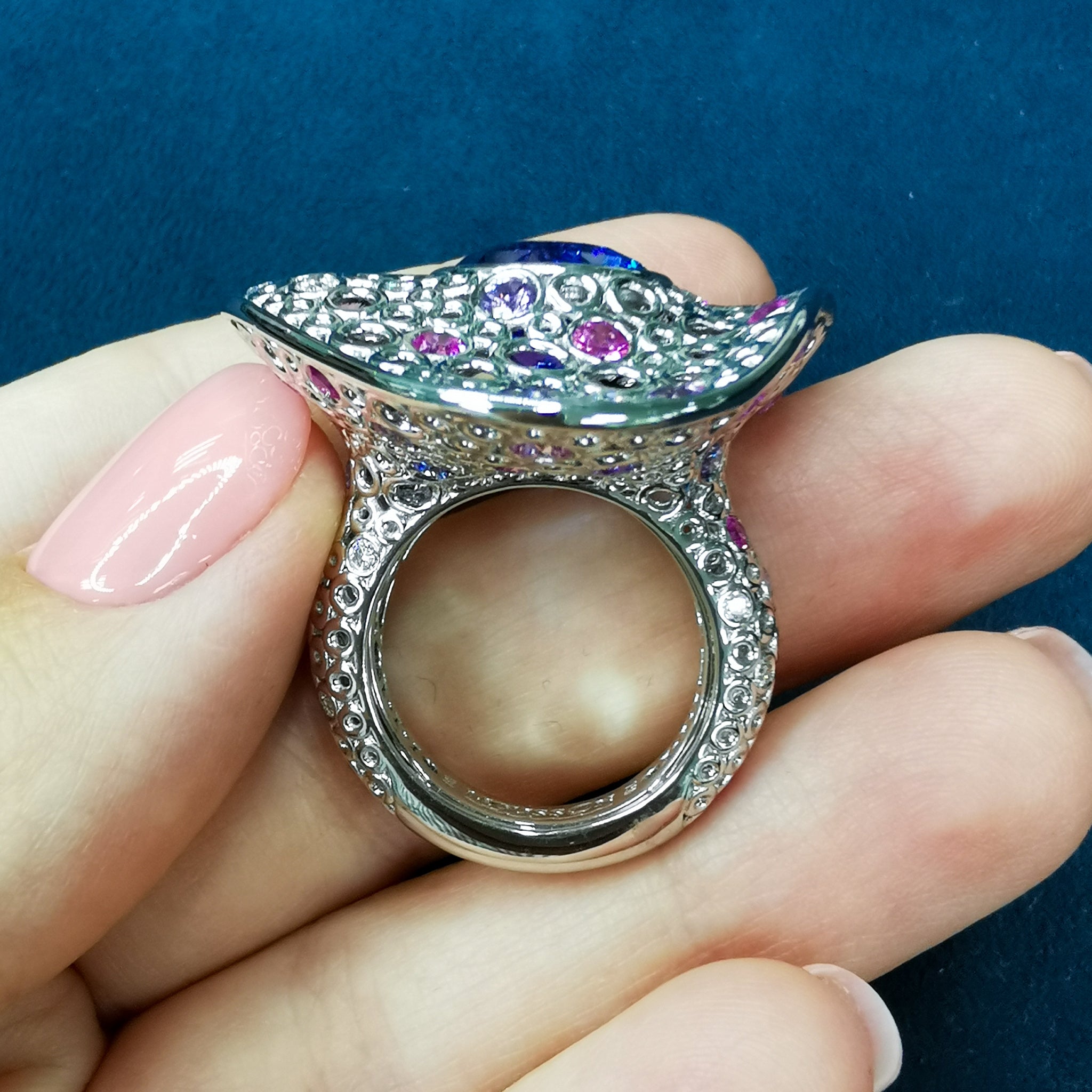 Tanzanite, Diamonds, Purple Pink Sapphires 18K White Gold Ring, R 0023-6