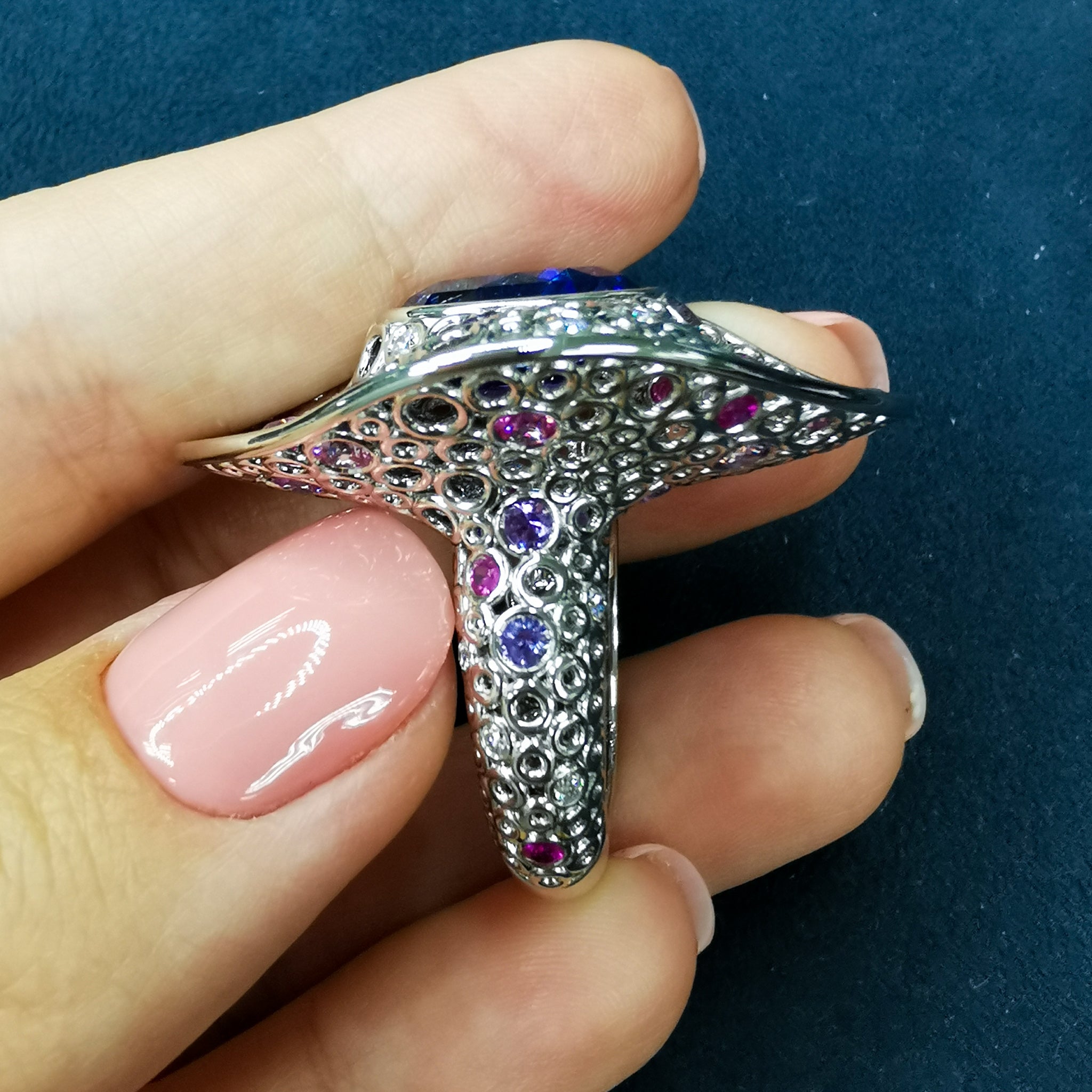 Tanzanite, Diamonds, Purple Pink Sapphires 18K White Gold Ring, R 0023-6