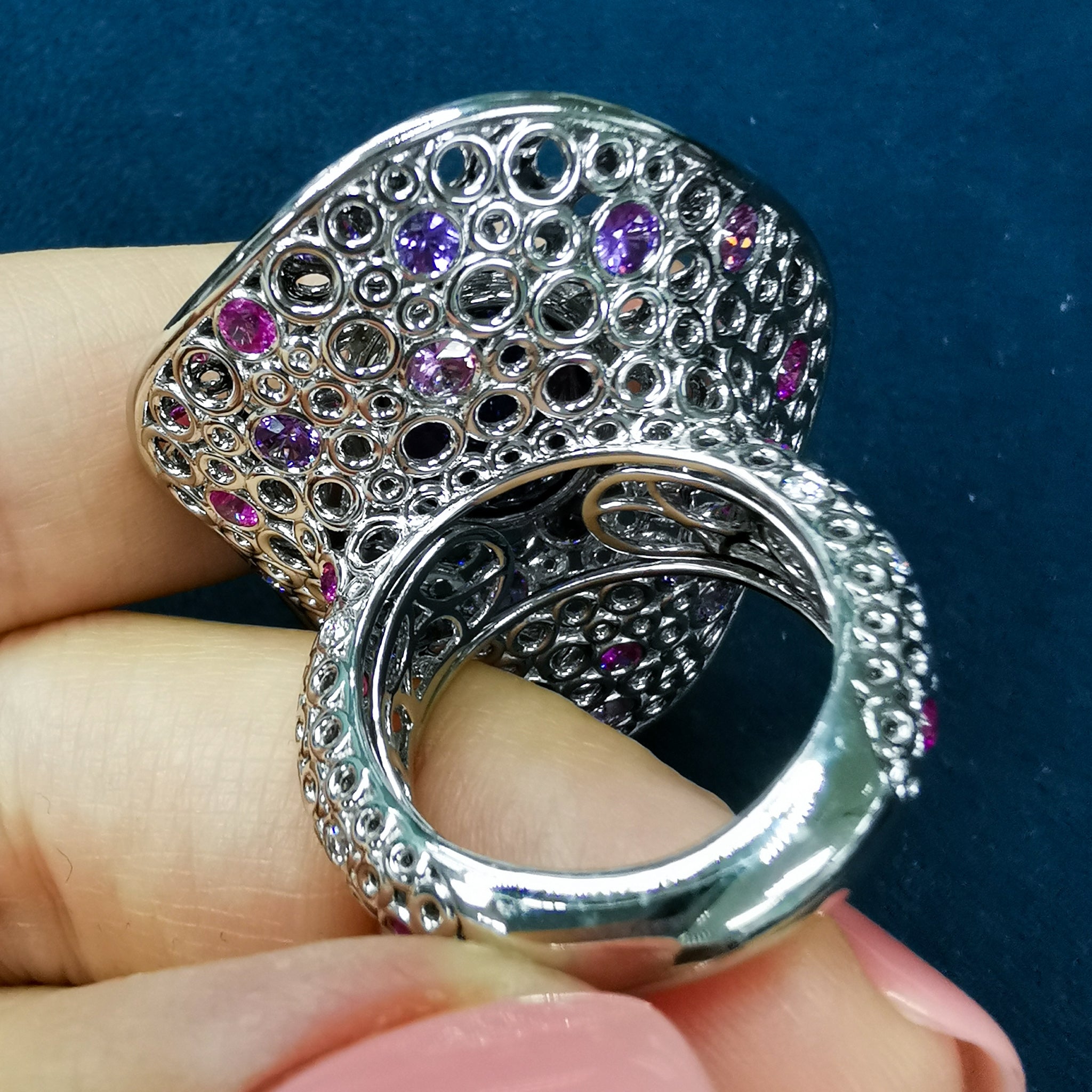 Tanzanite, Diamonds, Purple Pink Sapphires 18K White Gold Ring, R 0023-6