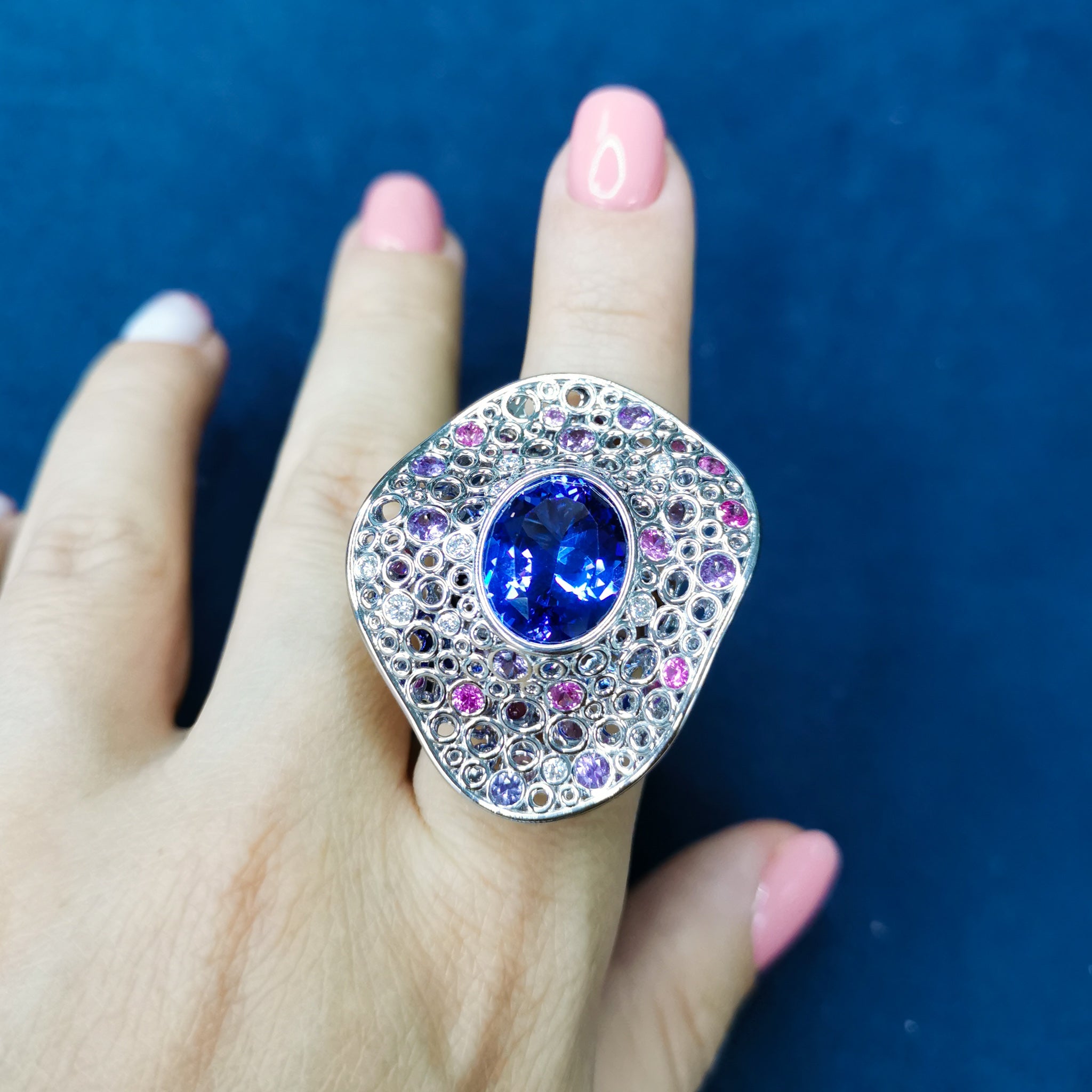 Tanzanite, Diamonds, Purple Pink Sapphires 18K White Gold Ring, R 0023-6