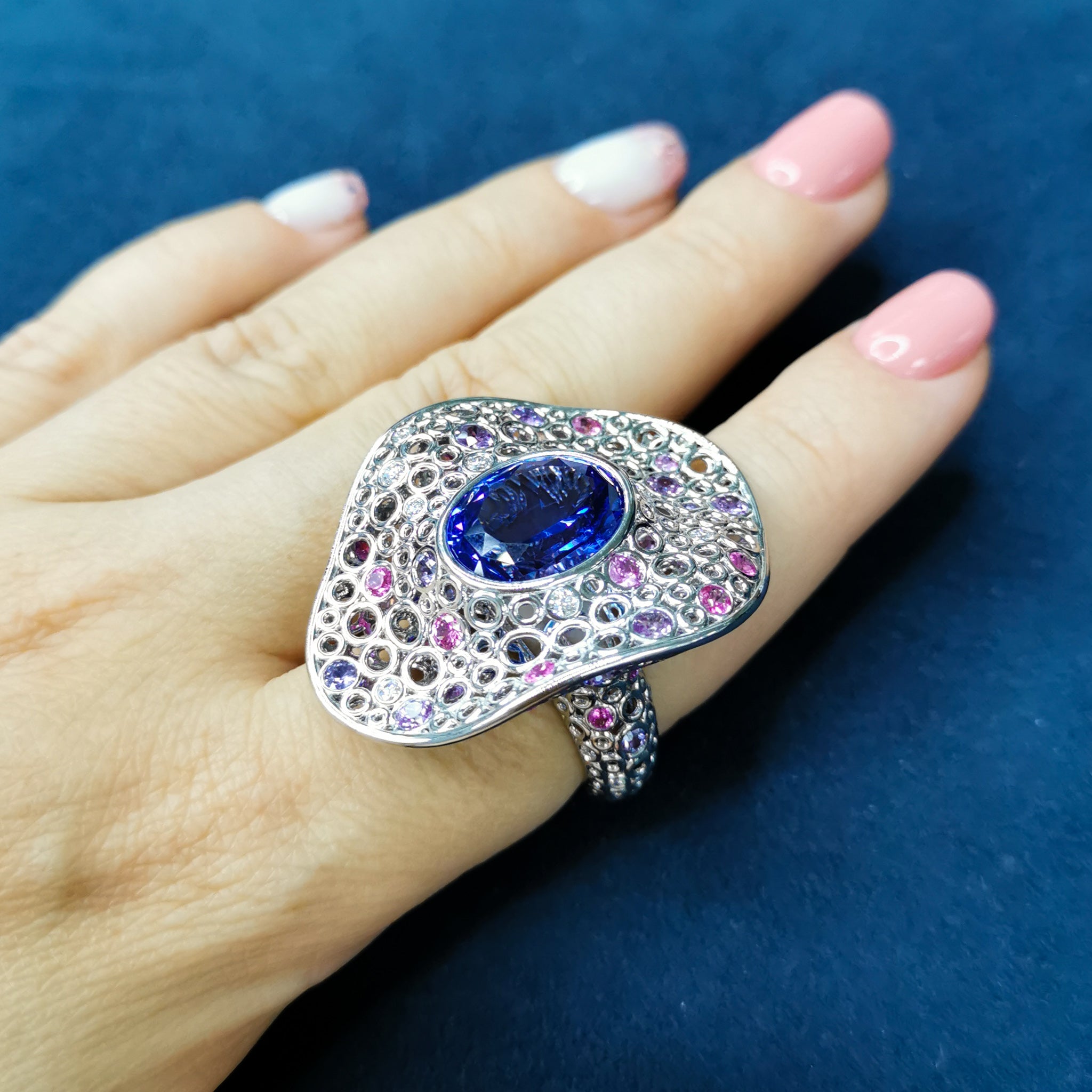 Tanzanite, Diamonds, Purple Pink Sapphires 18K White Gold Ring, R 0023-6