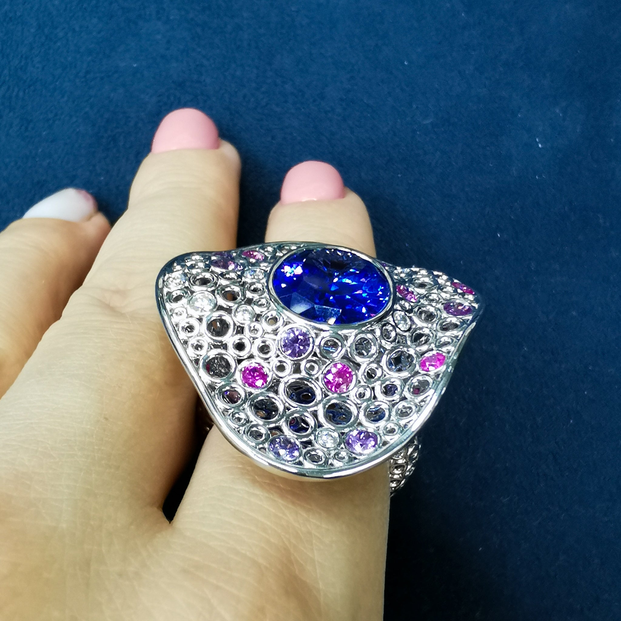 Tanzanite, Diamonds, Purple Pink Sapphires 18K White Gold Ring, R 0023-6