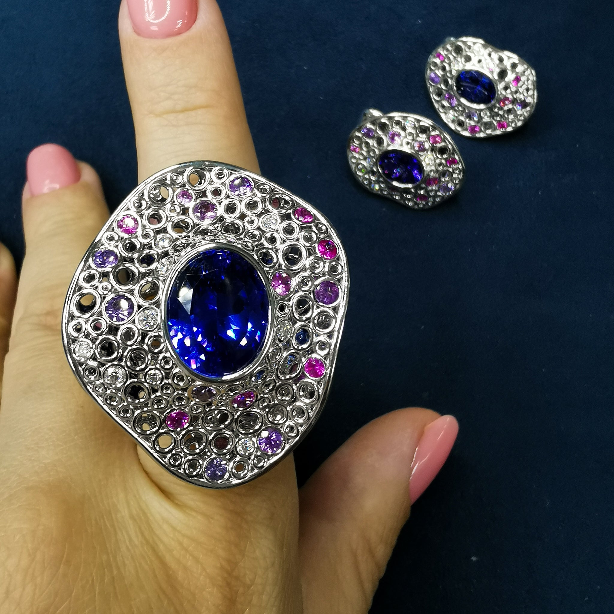 Tanzanite, Diamonds, Purple Pink Sapphires 18K White Gold Ring, R 0023-6
