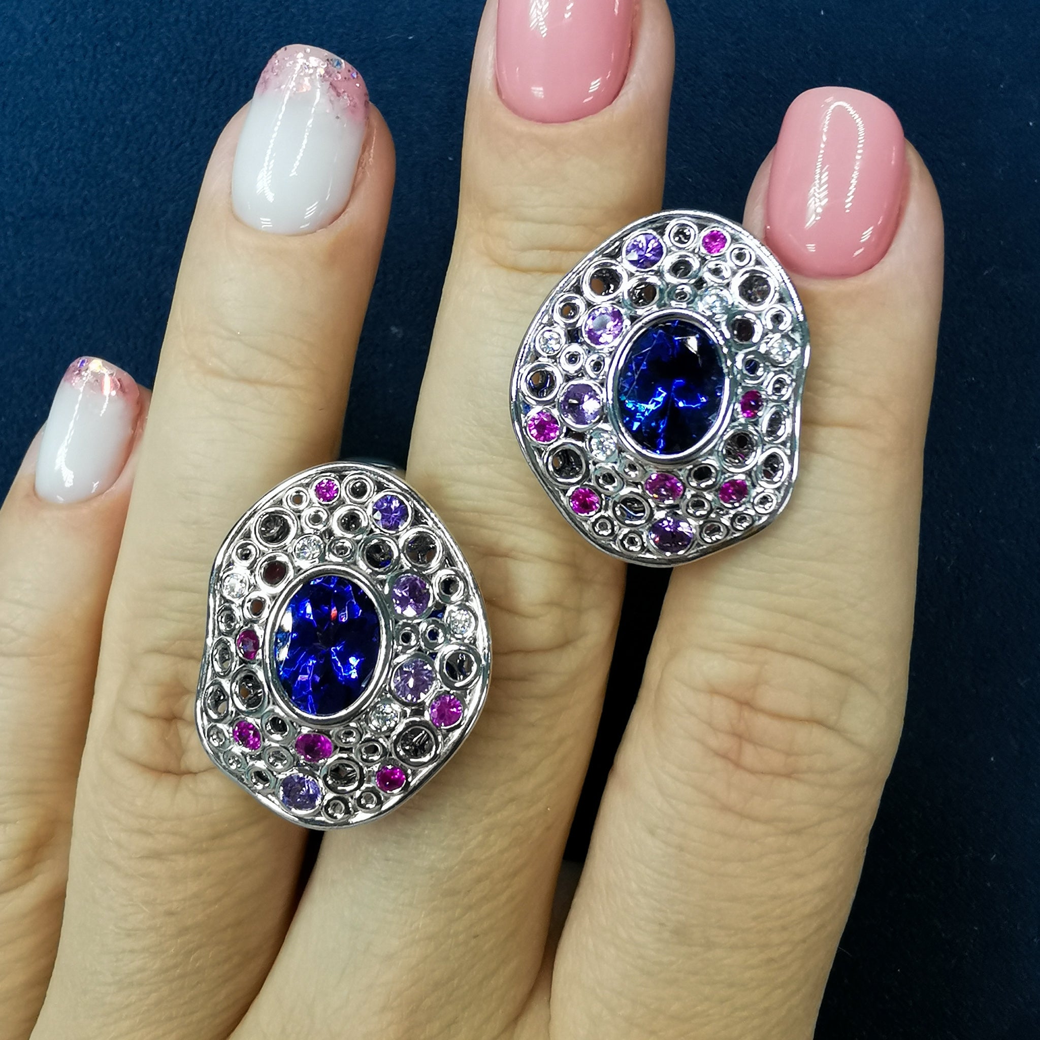 Tanzanite, Diamonds, Purple Pink Sapphires 18K White Gold Earrings, E 0023-6