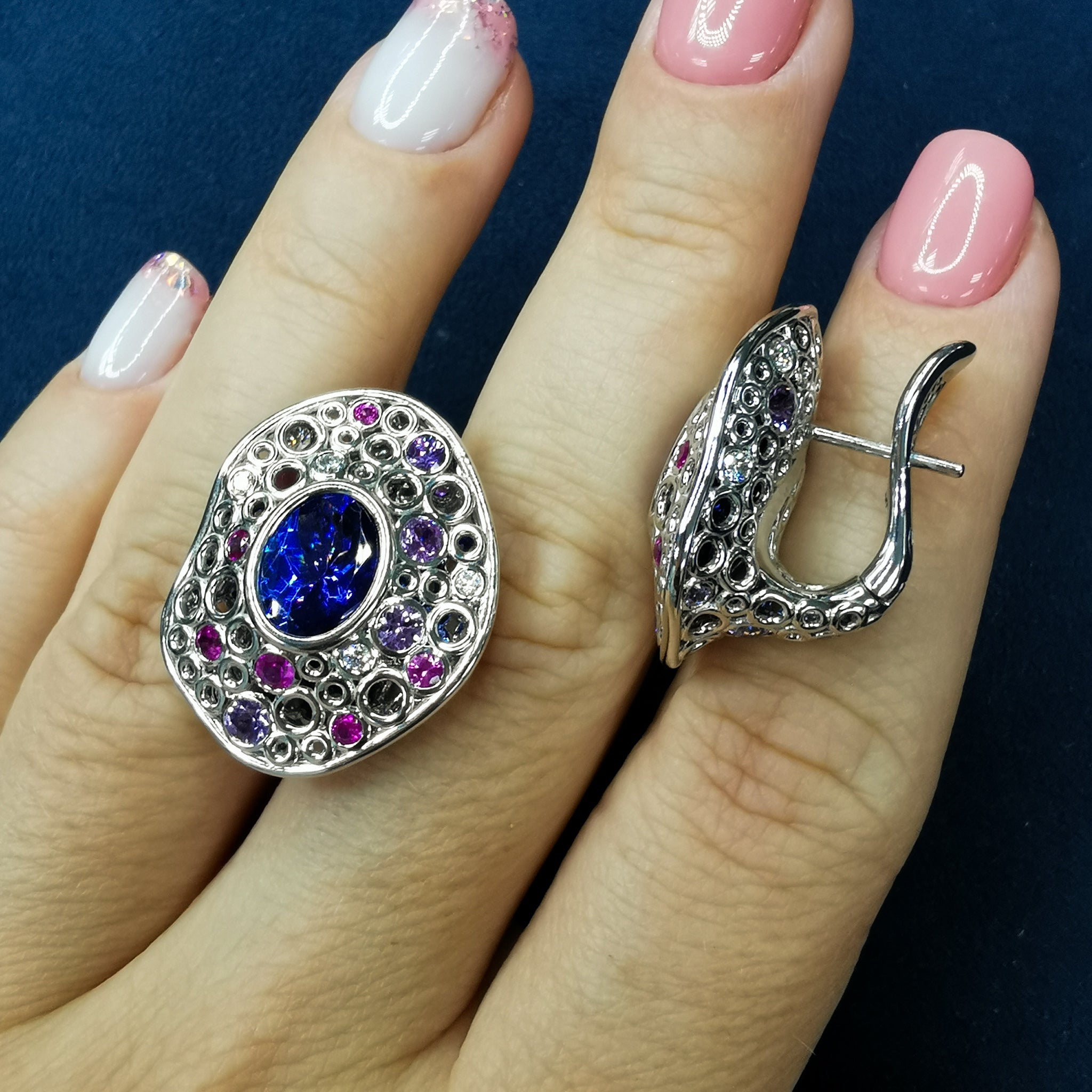 Tanzanite, Diamonds, Purple Pink Sapphires 18K White Gold Earrings, E 0023-6