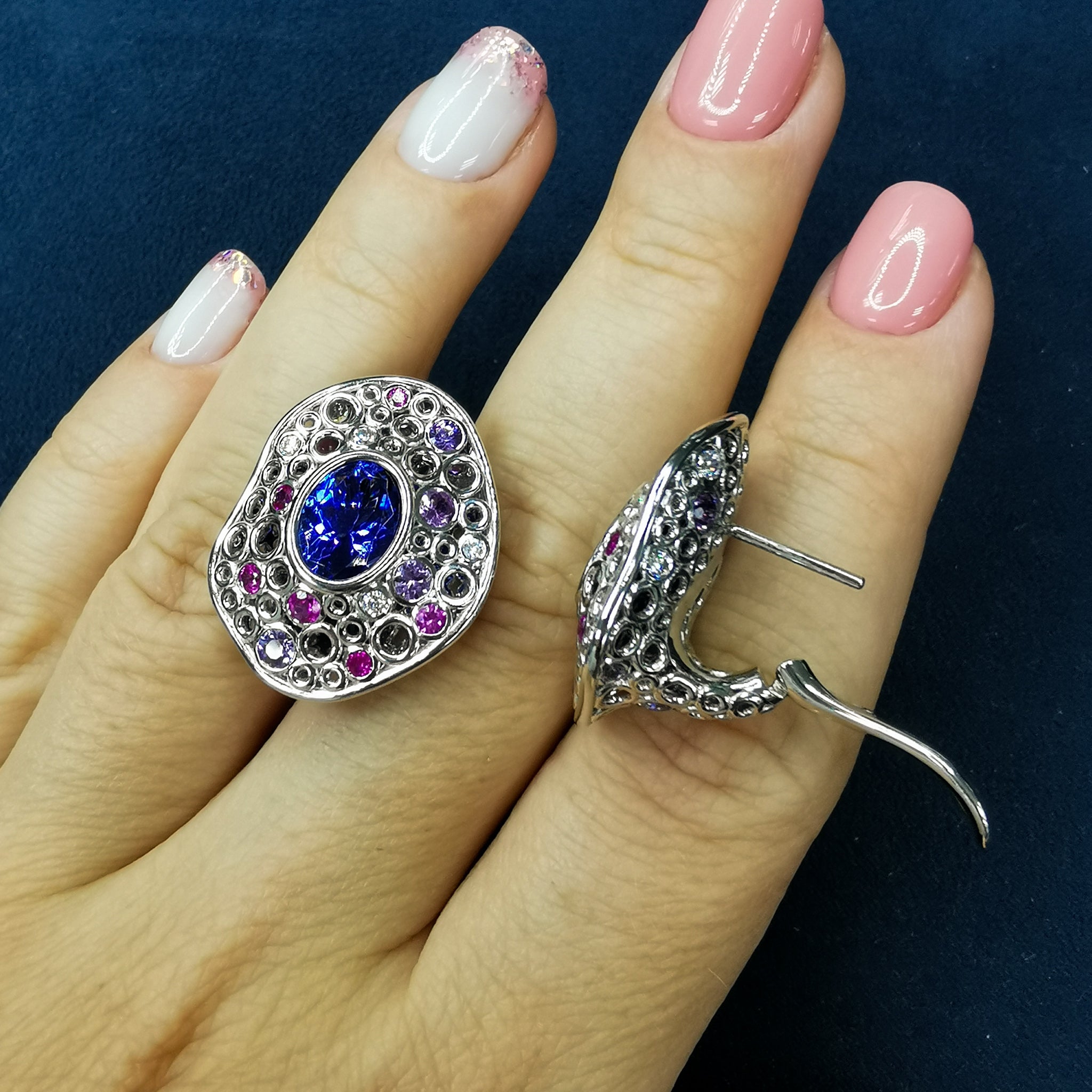 Tanzanite, Diamonds, Purple Pink Sapphires 18K White Gold Earrings, E 0023-6