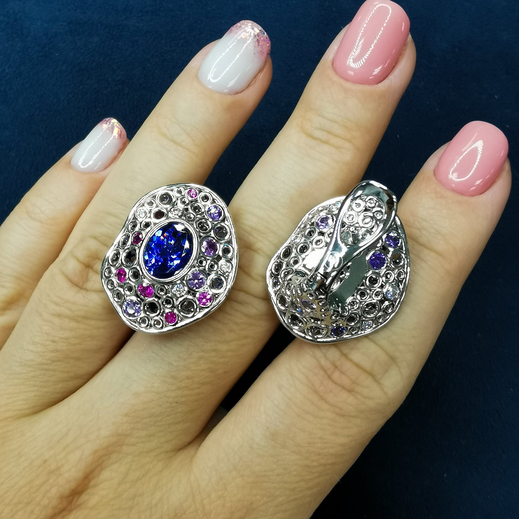 Tanzanite, Diamonds, Purple Pink Sapphires 18K White Gold Earrings, E 0023-6