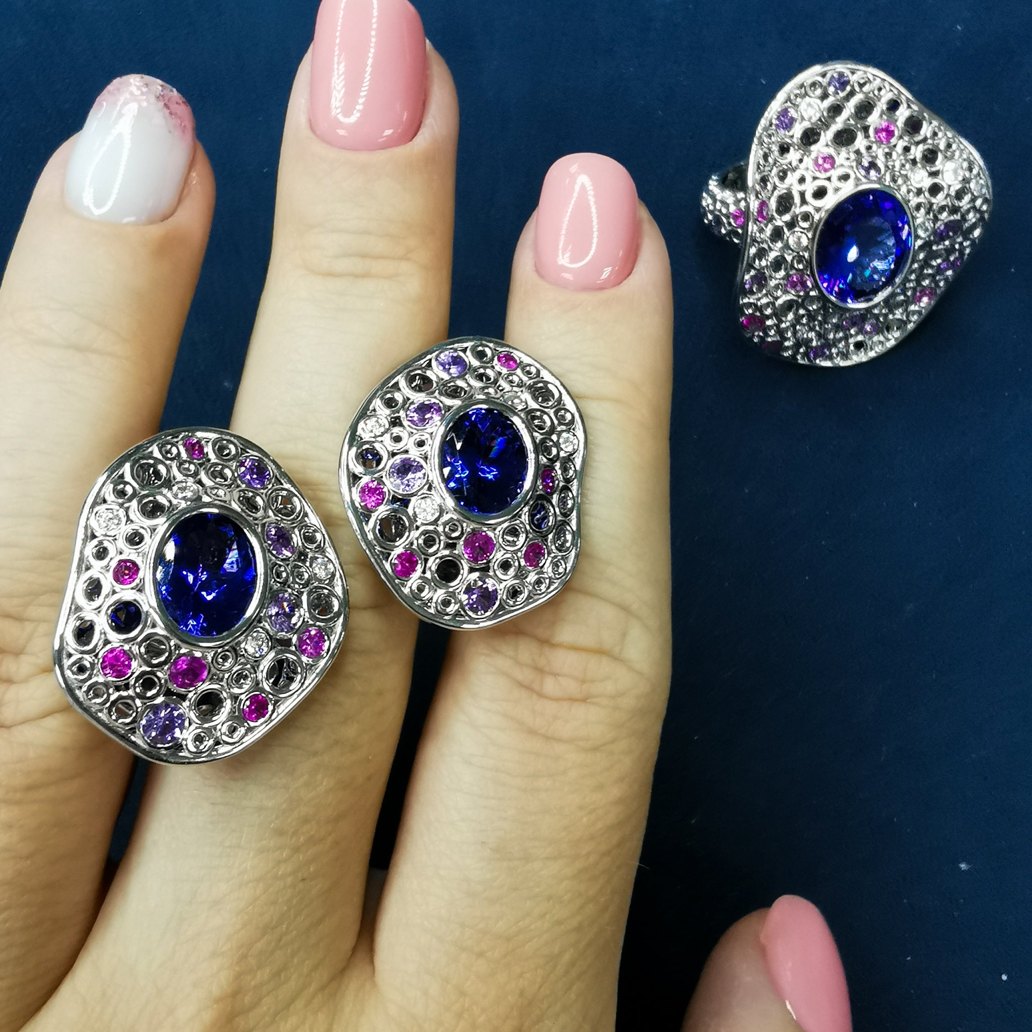 Tanzanite, Diamonds, Purple Pink Sapphires 18K White Gold Earrings, E 0023-6