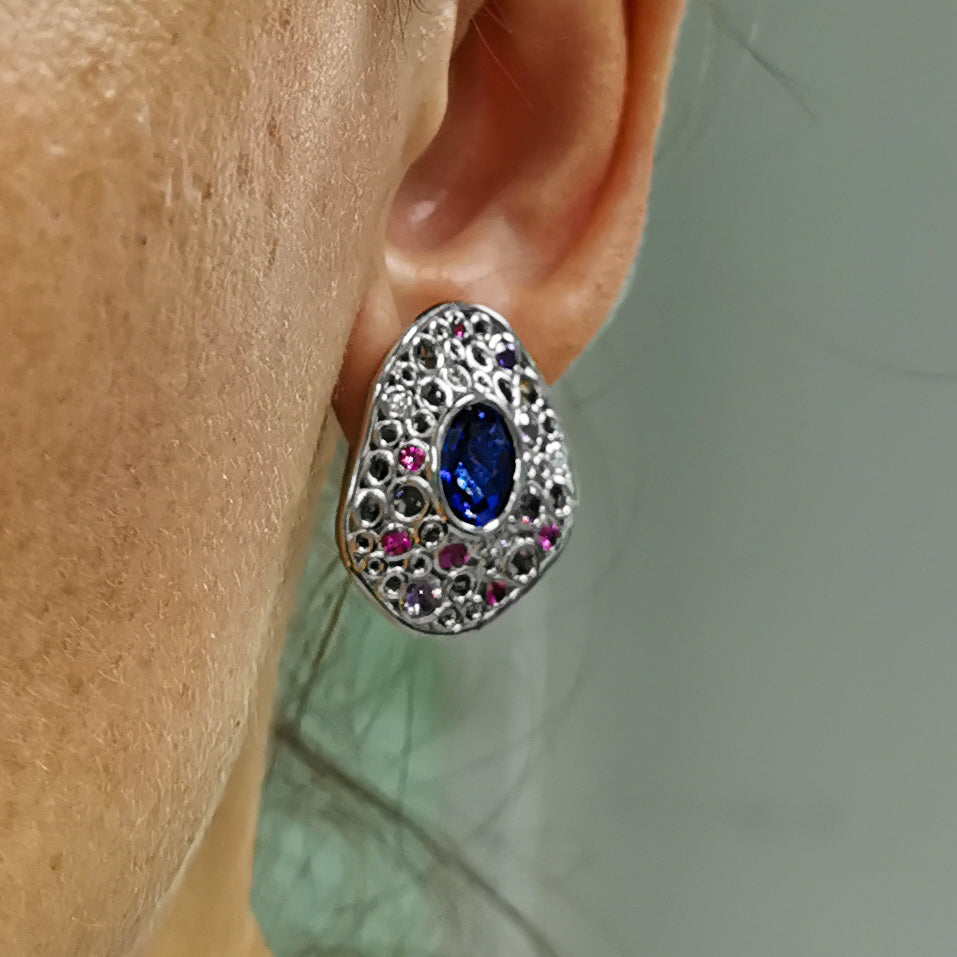 Tanzanite, Diamonds, Purple Pink Sapphires 18K White Gold Earrings, E 0023-6
