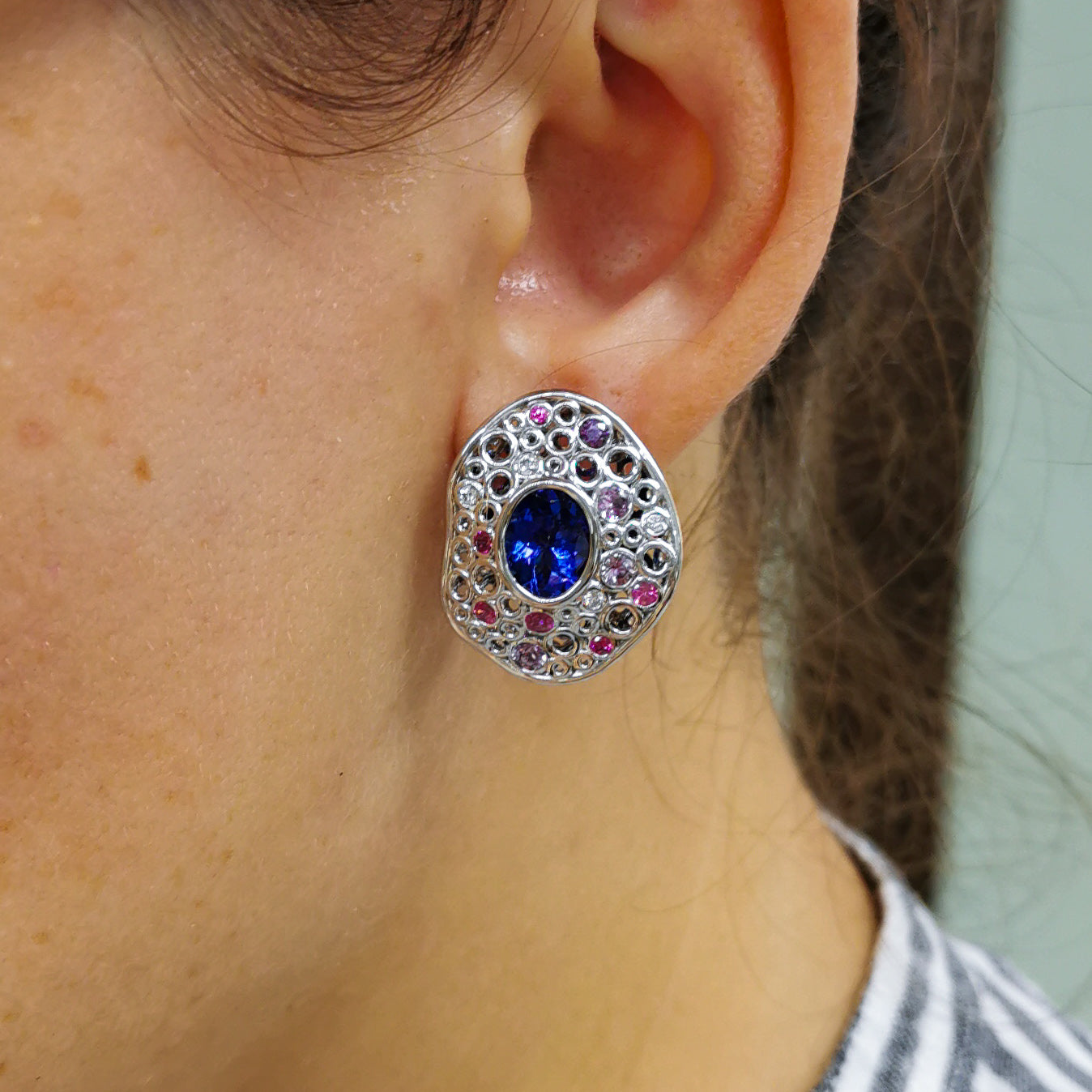 Tanzanite, Diamonds, Purple Pink Sapphires 18K White Gold Earrings, E 0023-6