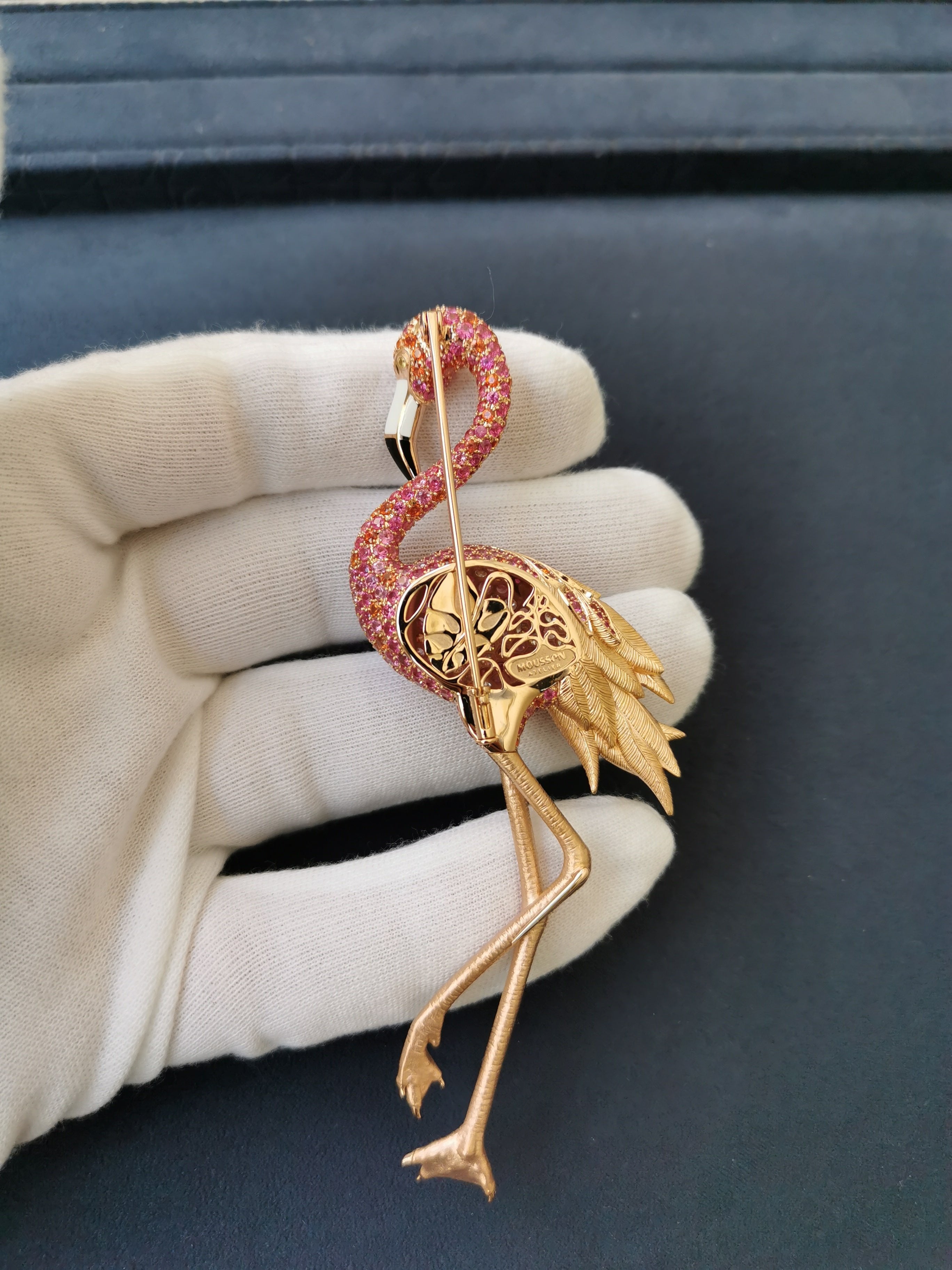 Enamel, Pink and Orange Sapphires, Diamonds 18K Rose Gold Flamingo Brooch, Brs 0170-1