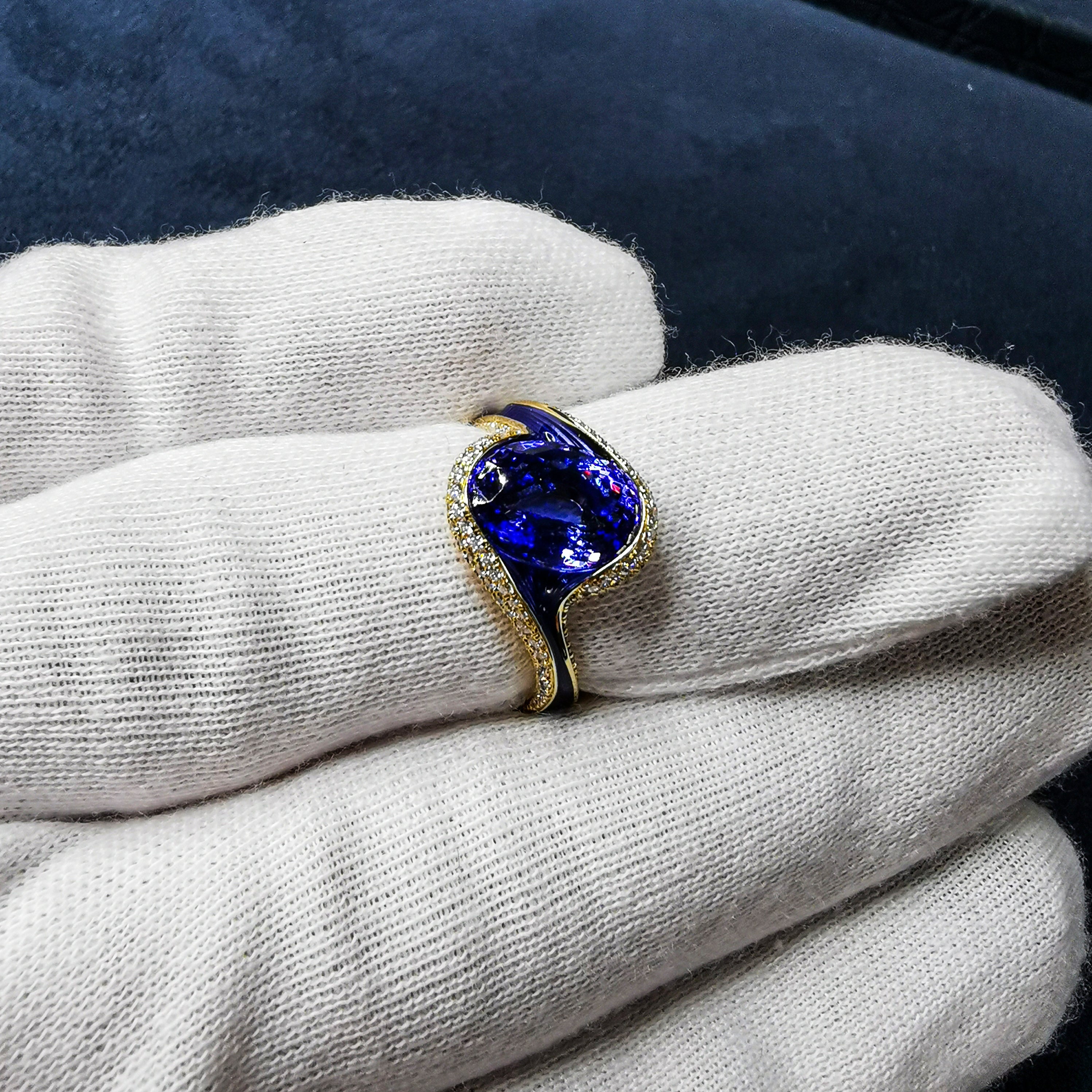 Tanzanite, Diamonds 18K Yellow Gold, Enamel Ring, R 0123-0