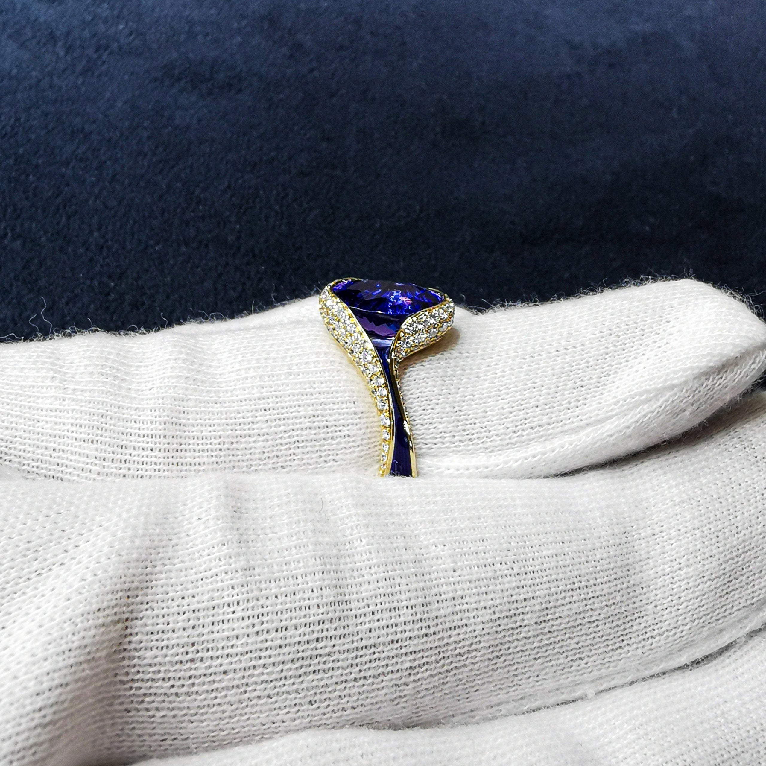 Tanzanite, Diamonds 18K Yellow Gold, Enamel Ring, R 0123-0