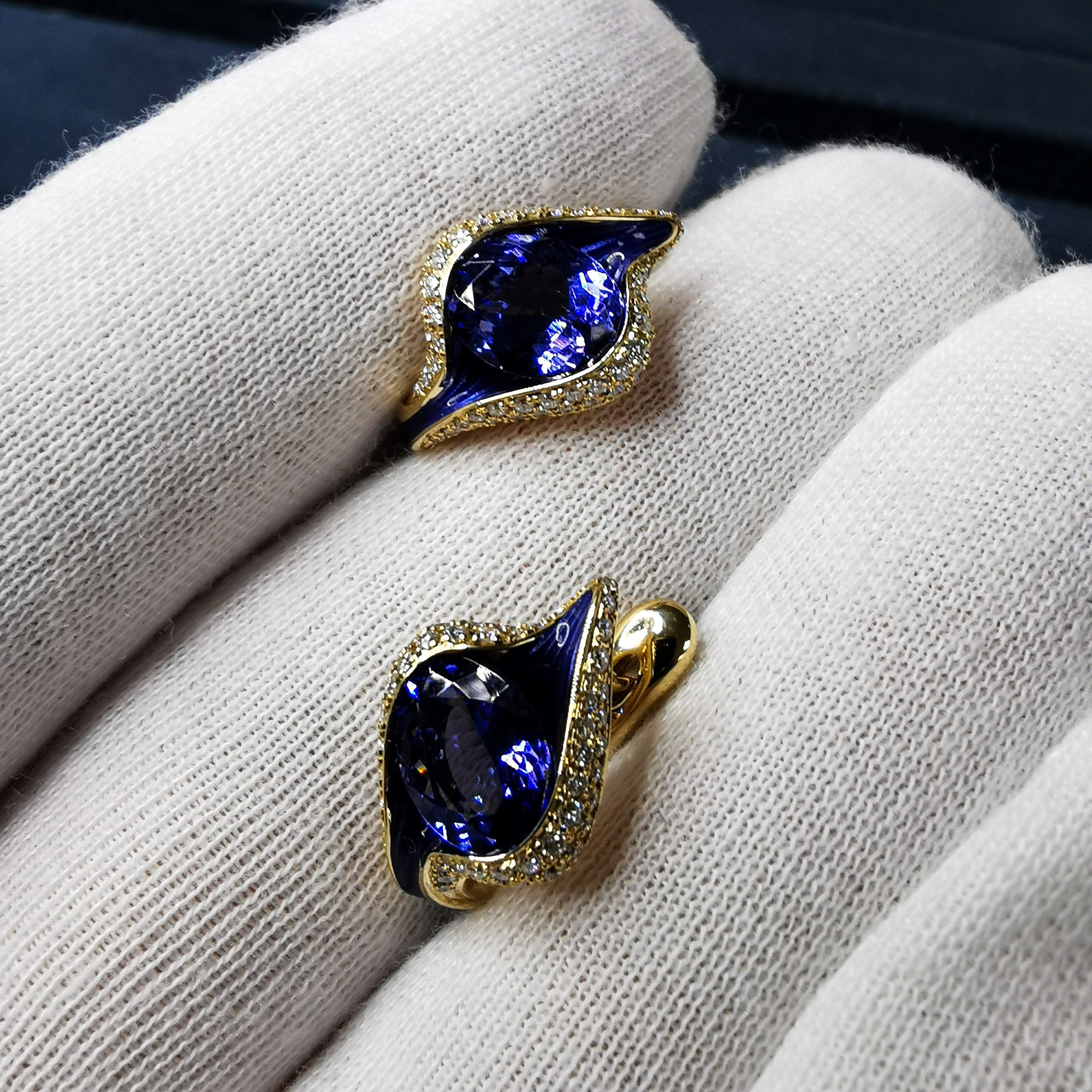 Enamel, Tanzanite, Diamonds 18K Yellow Gold Earrings, E 0123-0
