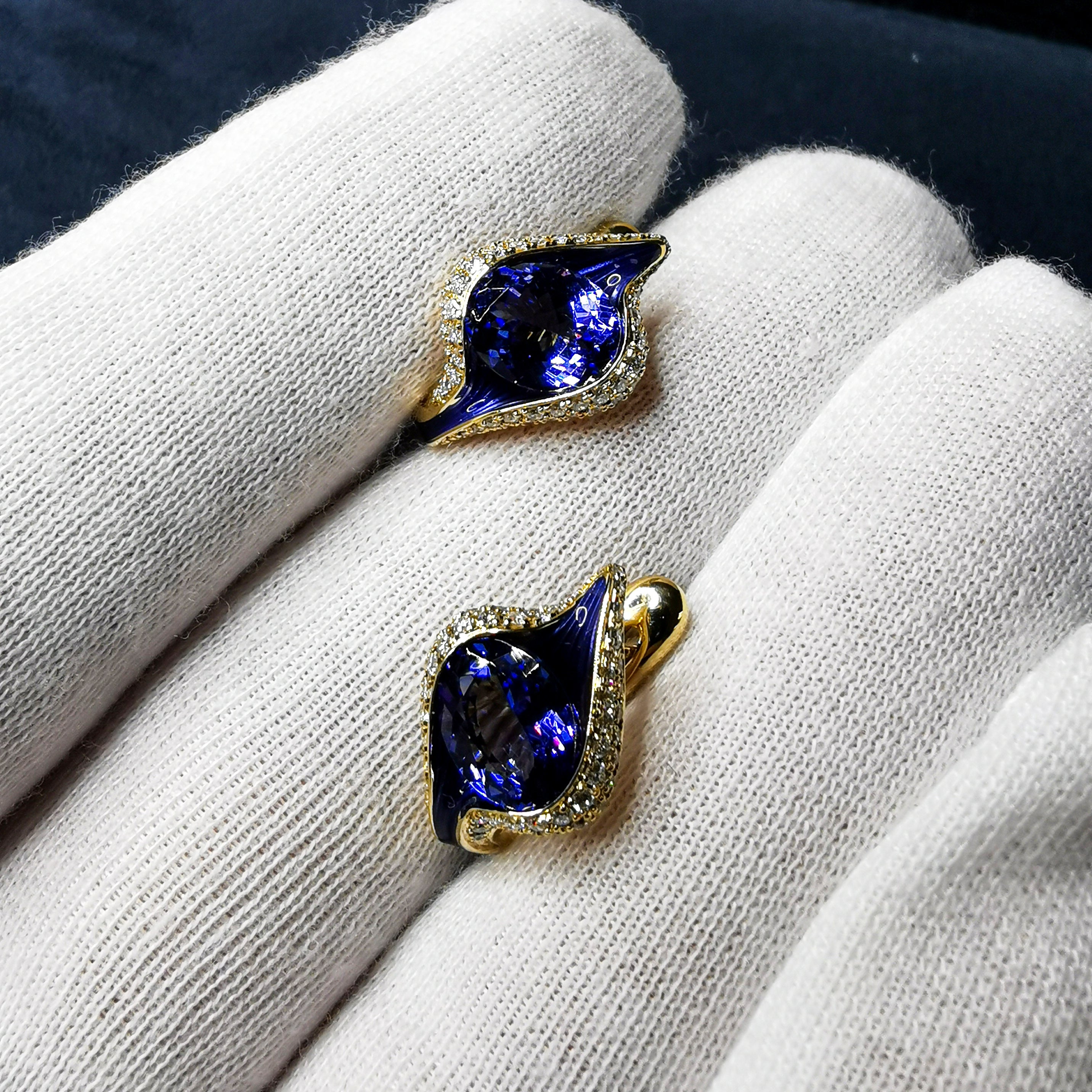 Enamel, Tanzanite, Diamonds 18K Yellow Gold Earrings, E 0123-0