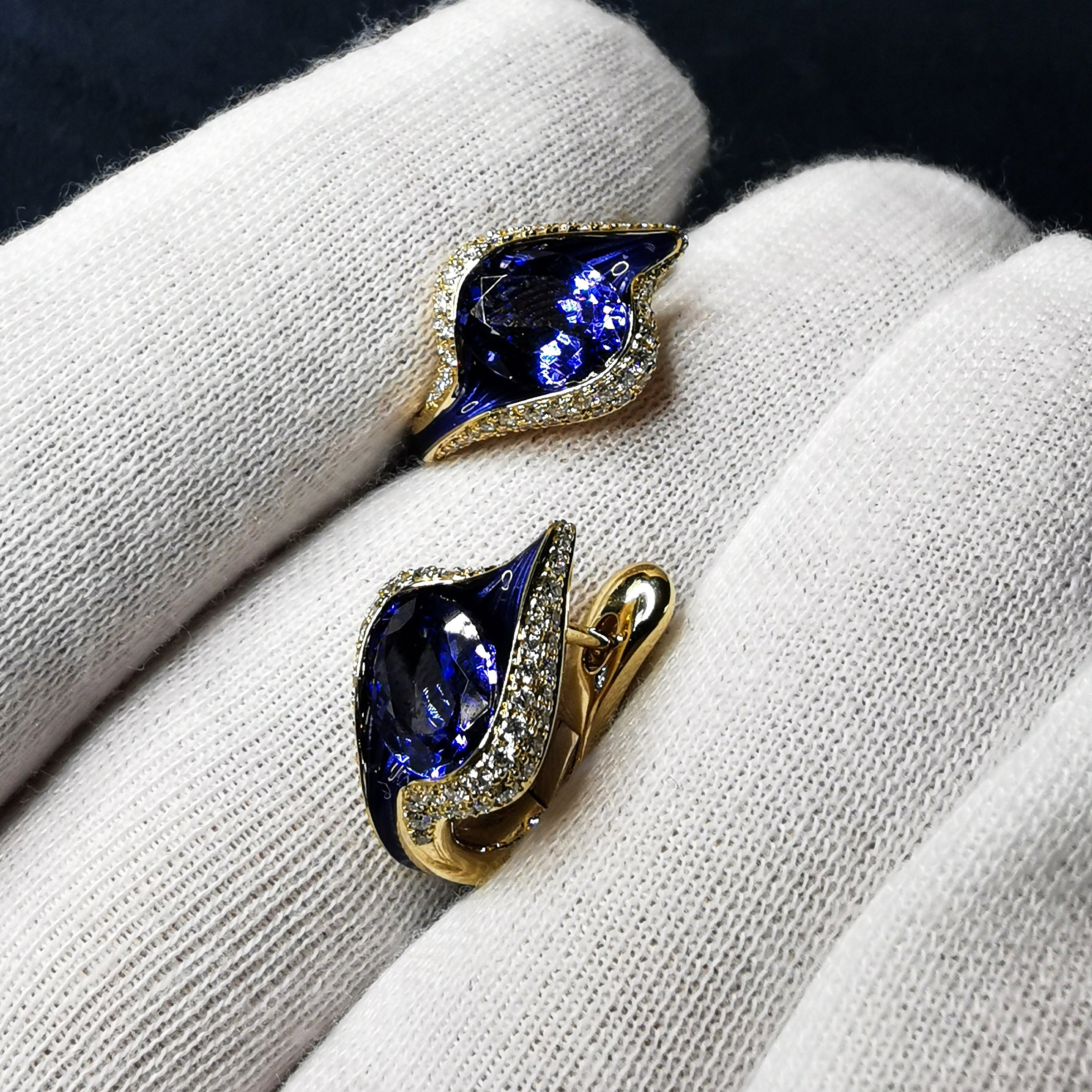 Enamel, Tanzanite, Diamonds 18K Yellow Gold Earrings, E 0123-0