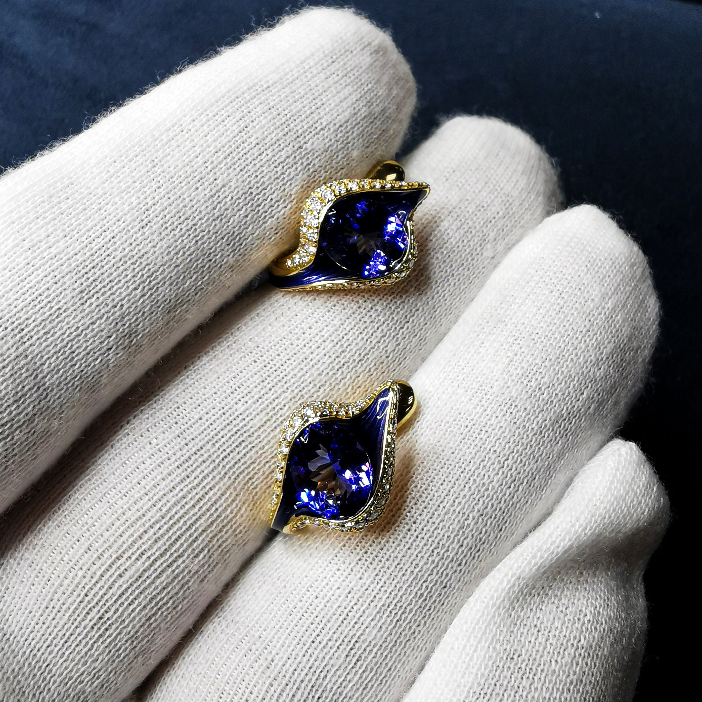 Enamel, Tanzanite, Diamonds 18K Yellow Gold Earrings, E 0123-0