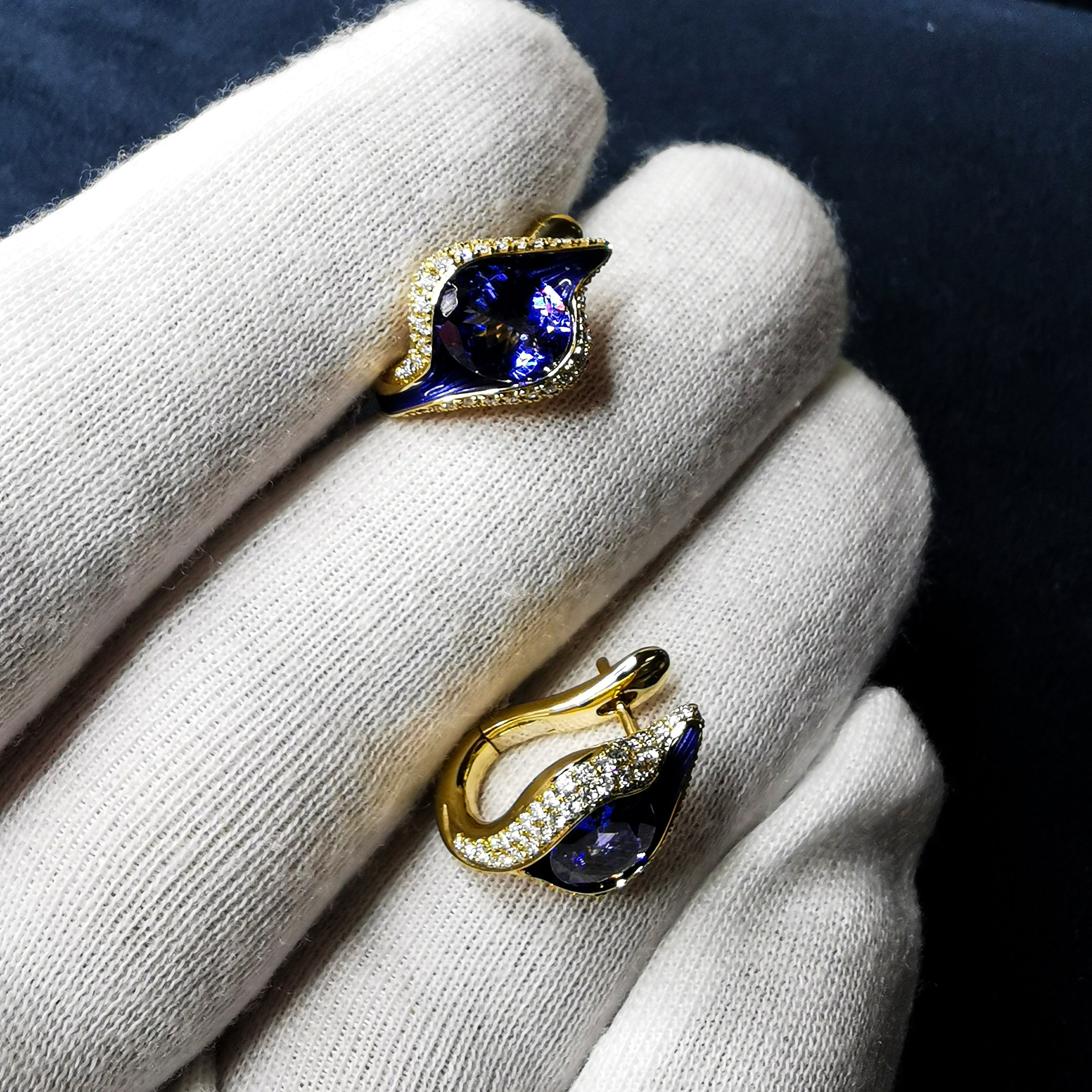 Enamel, Tanzanite, Diamonds 18K Yellow Gold Earrings, E 0123-0