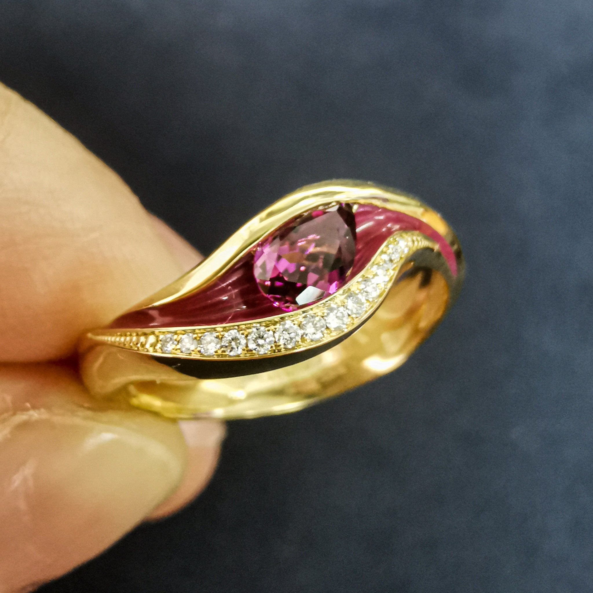 Enamel, Rubellite, Diamonds 18K Yellow Gold Ring, R 0123-7