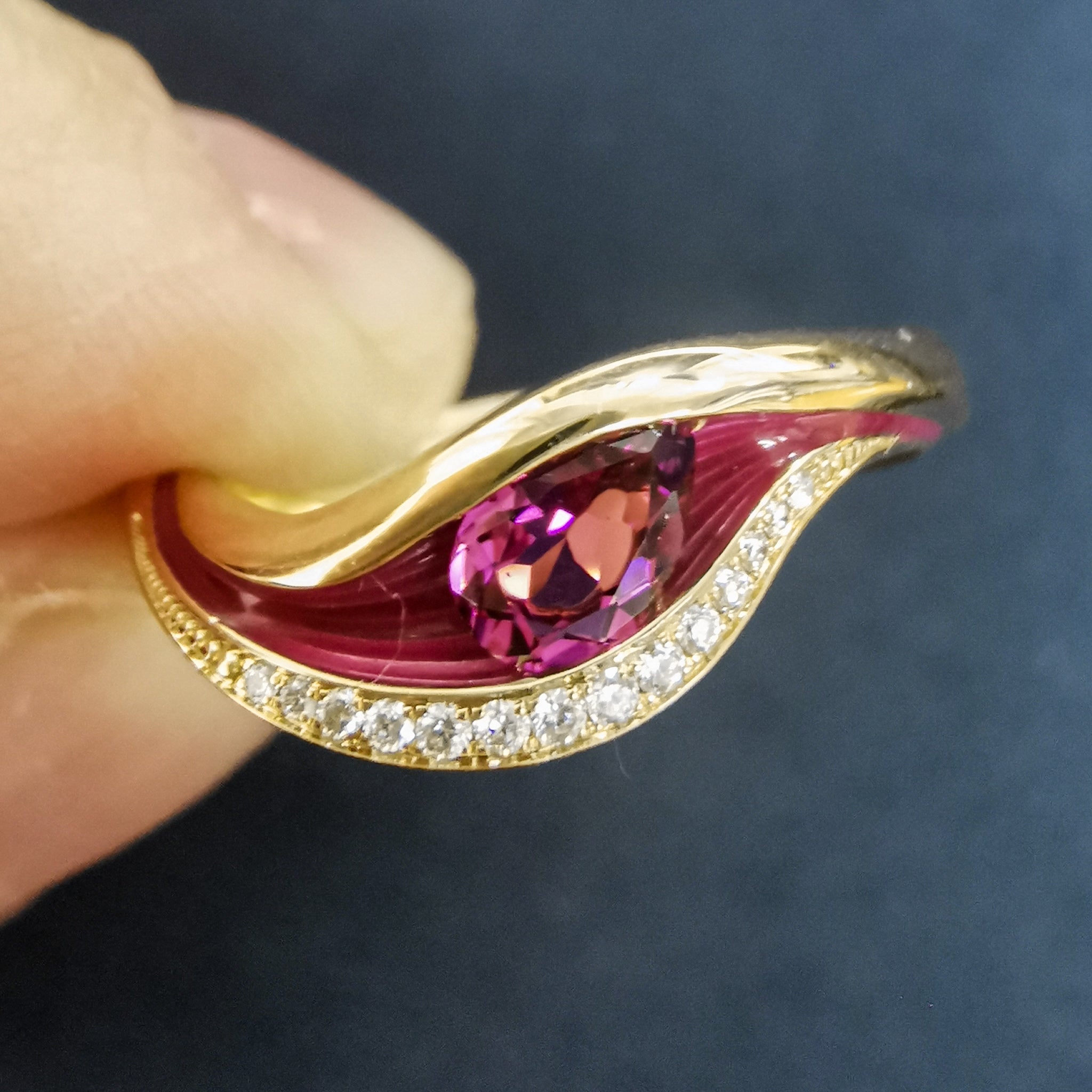 Enamel, Rubellite, Diamonds 18K Yellow Gold Ring, R 0123-7