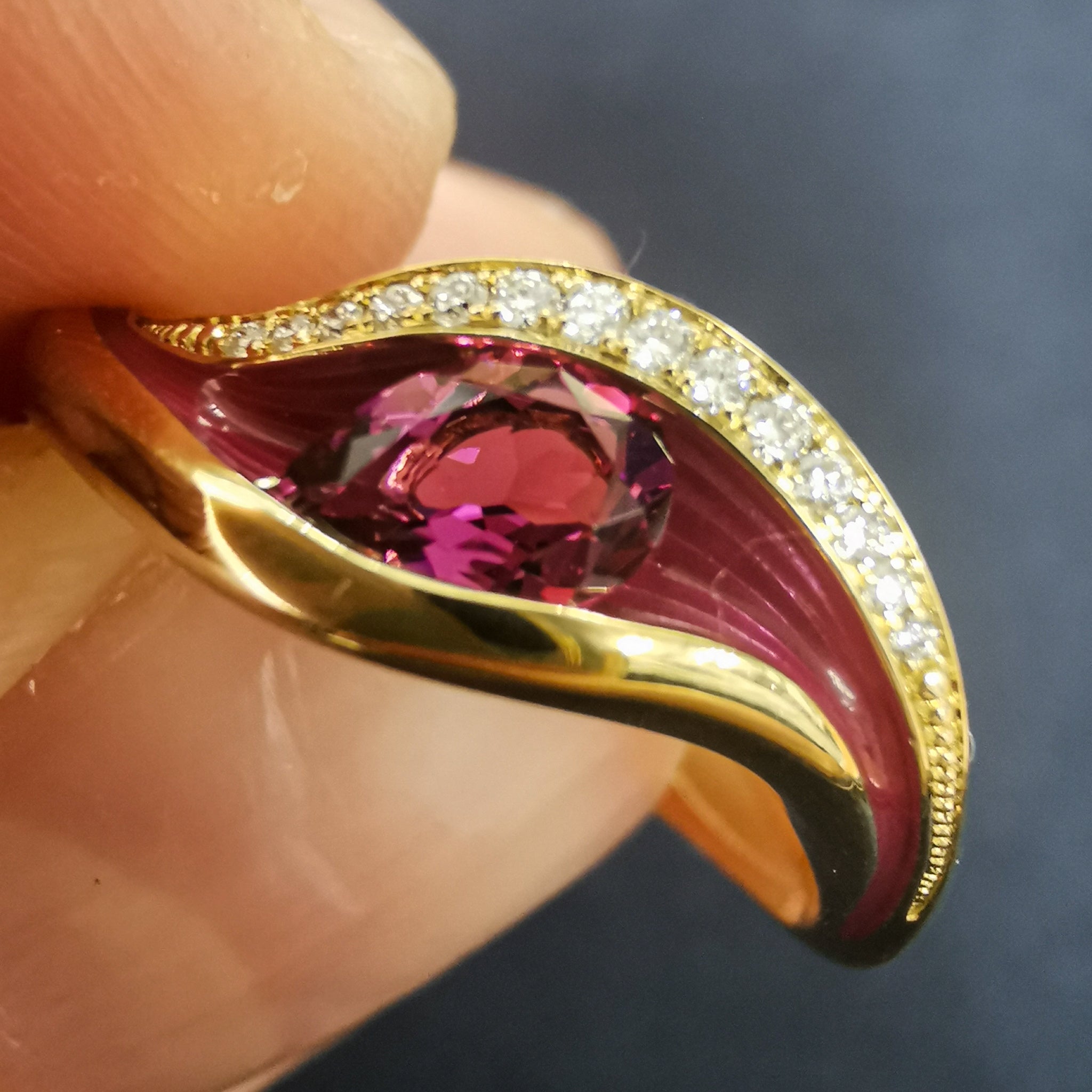 Enamel, Rubellite, Diamonds 18K Yellow Gold Ring, R 0123-7