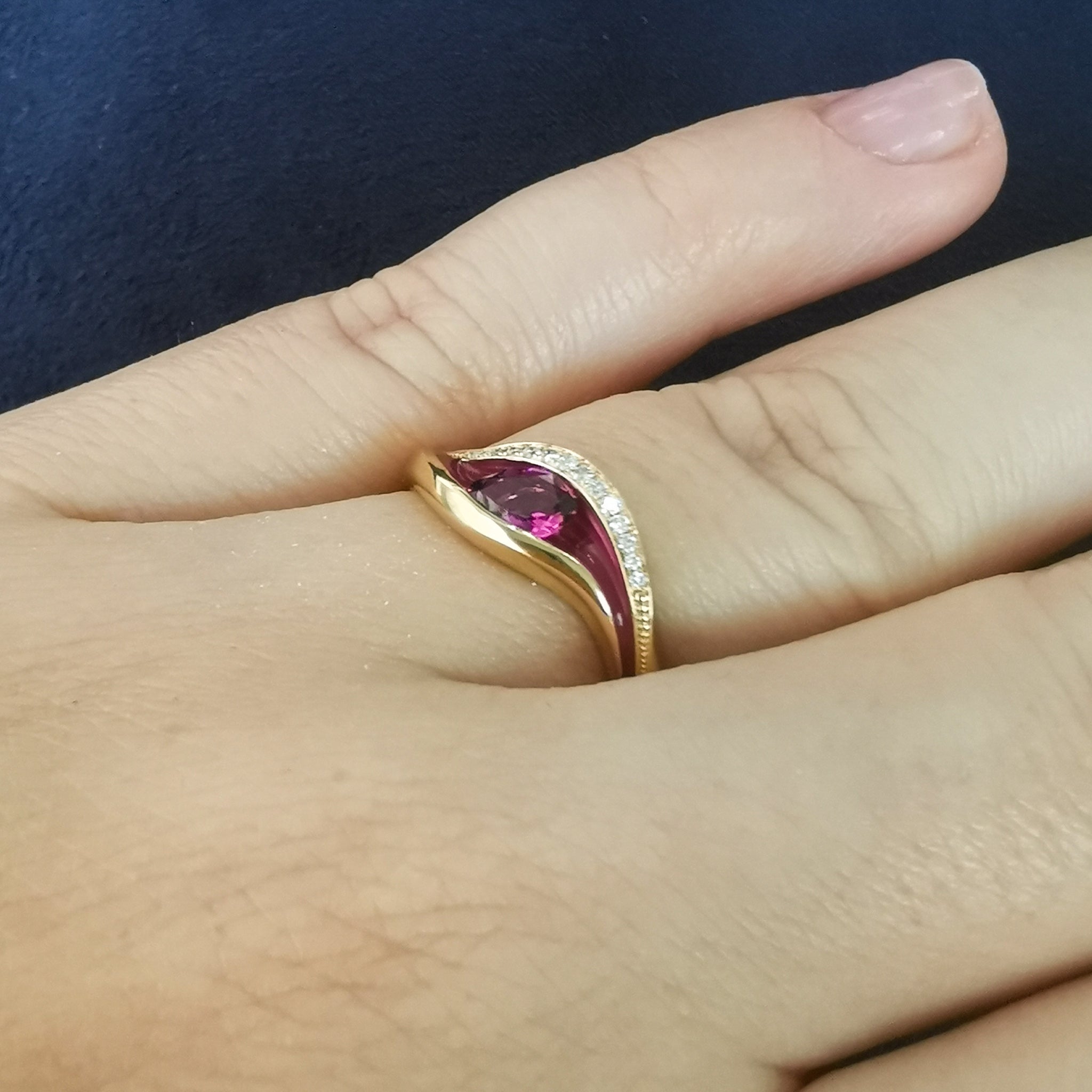 Enamel, Rubellite, Diamonds 18K Yellow Gold Ring, R 0123-7