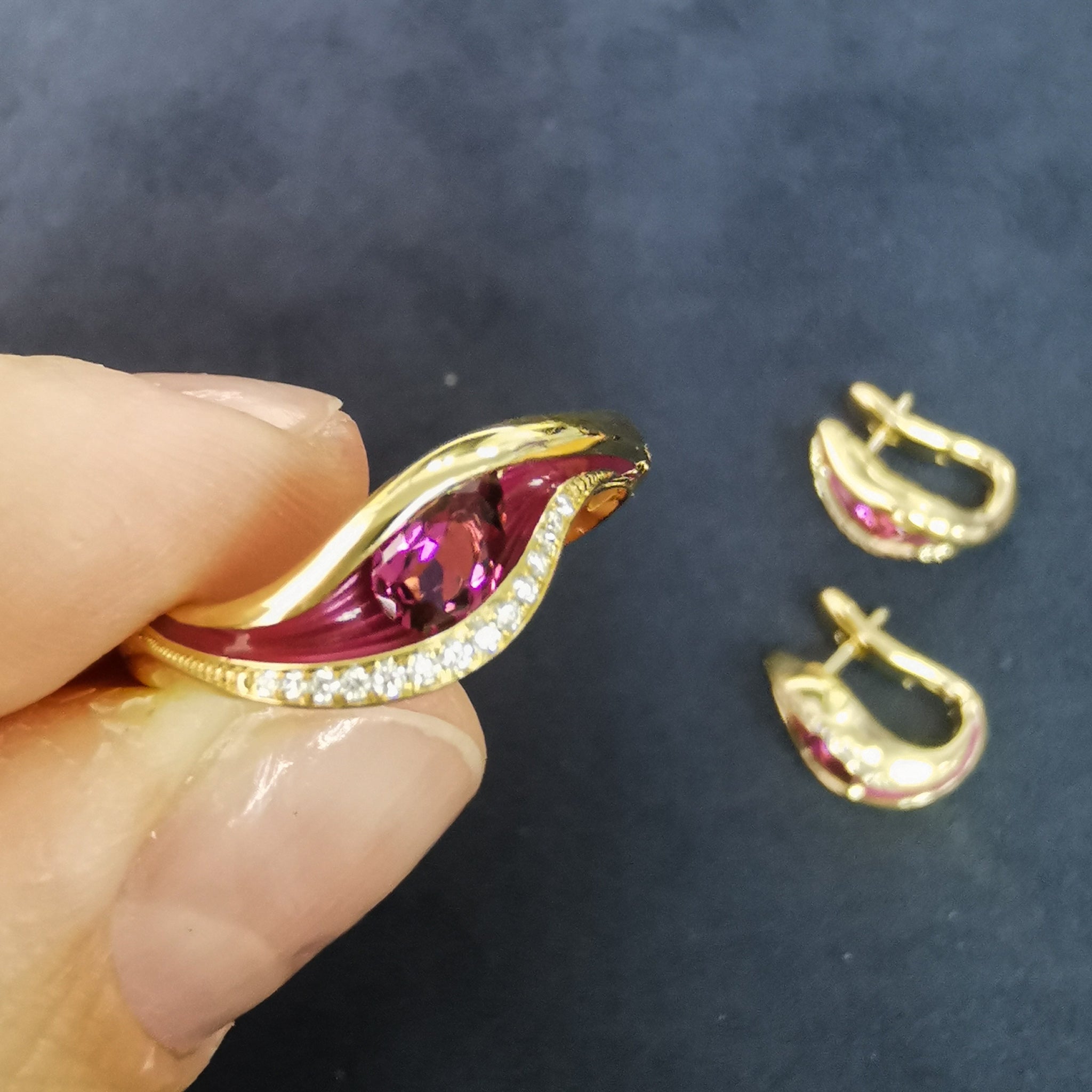 Enamel, Rubellite, Diamonds 18K Yellow Gold Ring, R 0123-7