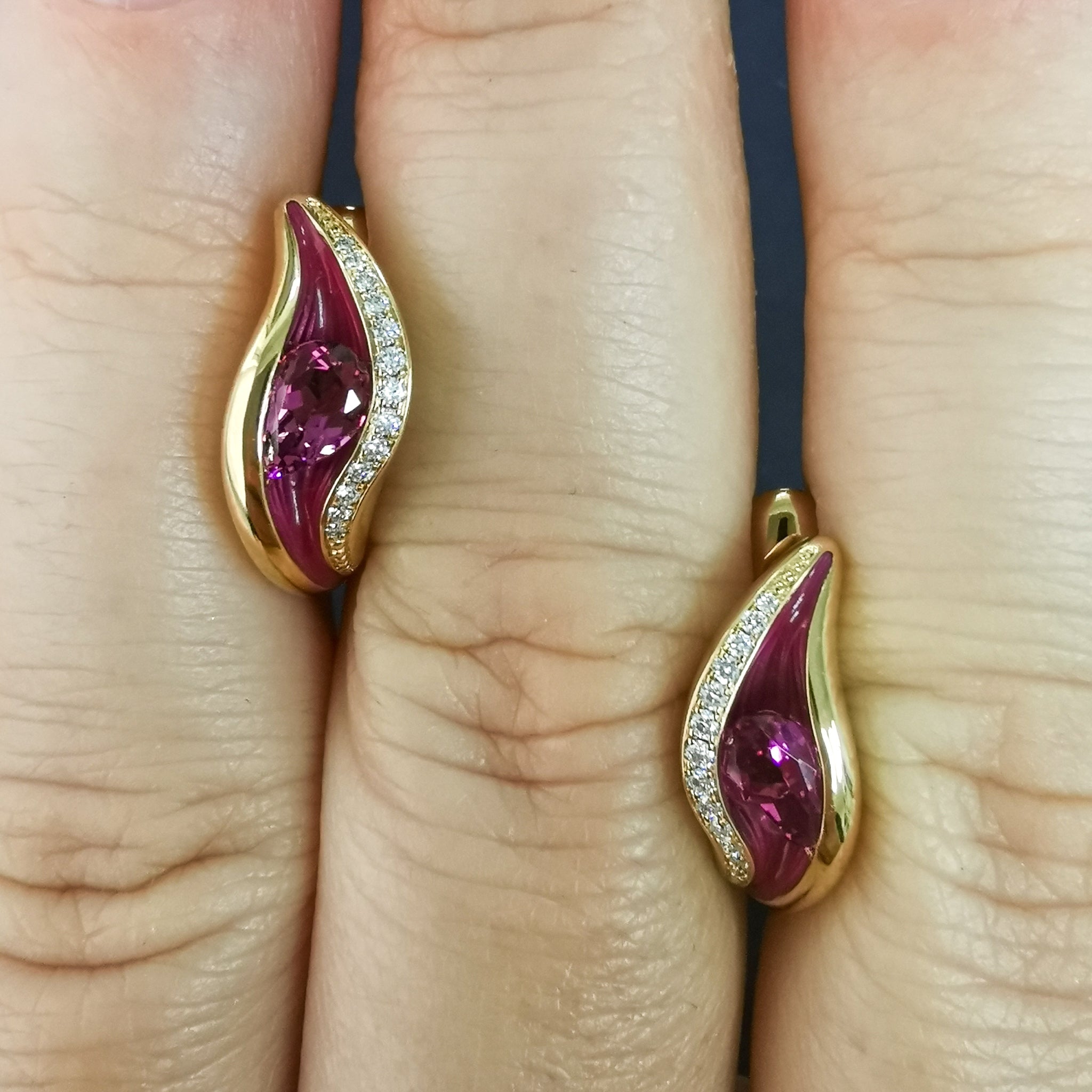 Enamel, Rubellite, Diamonds 18K Yellow Gold Earrings, E 0123-70