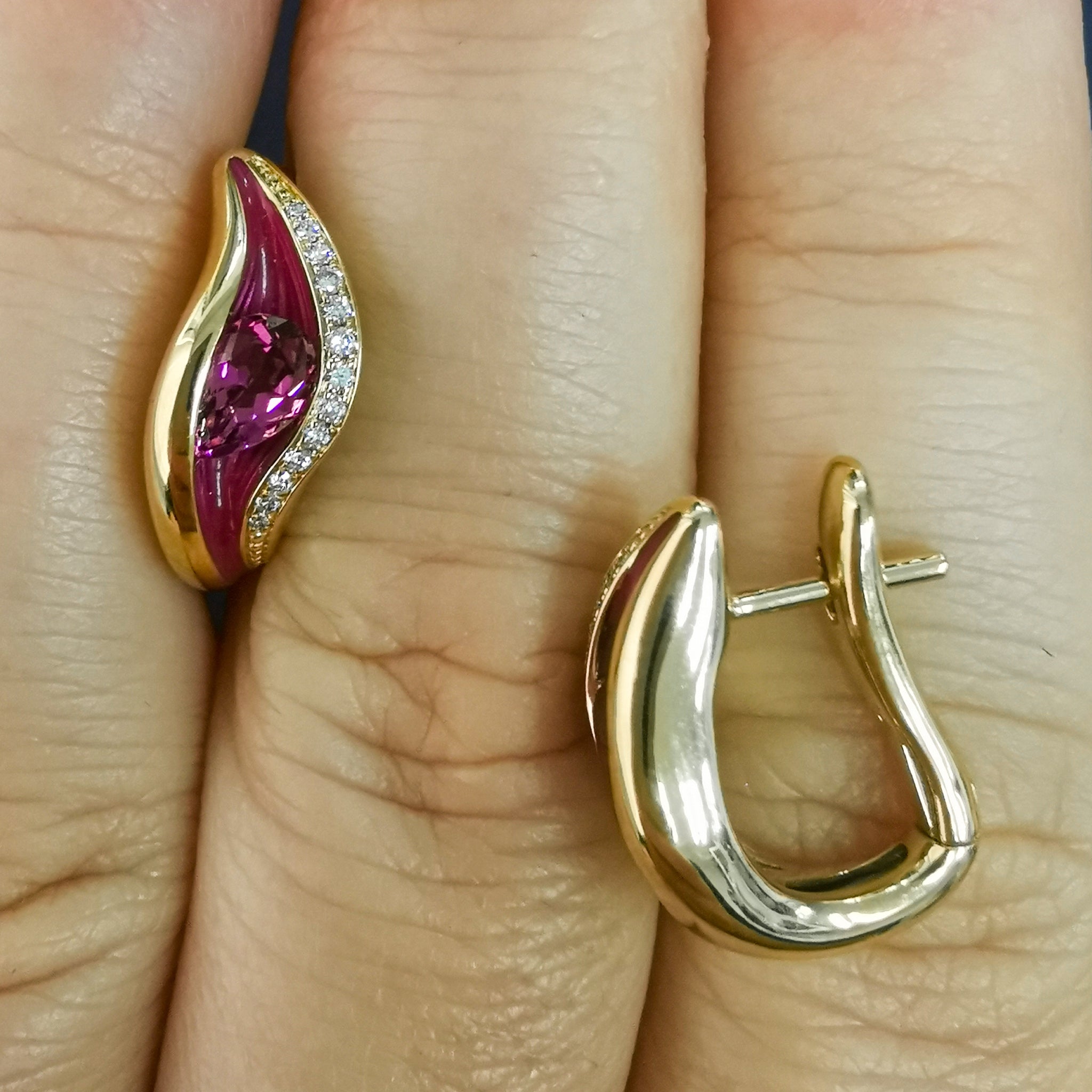 Enamel, Rubellite, Diamonds 18K Yellow Gold Earrings, E 0123-70