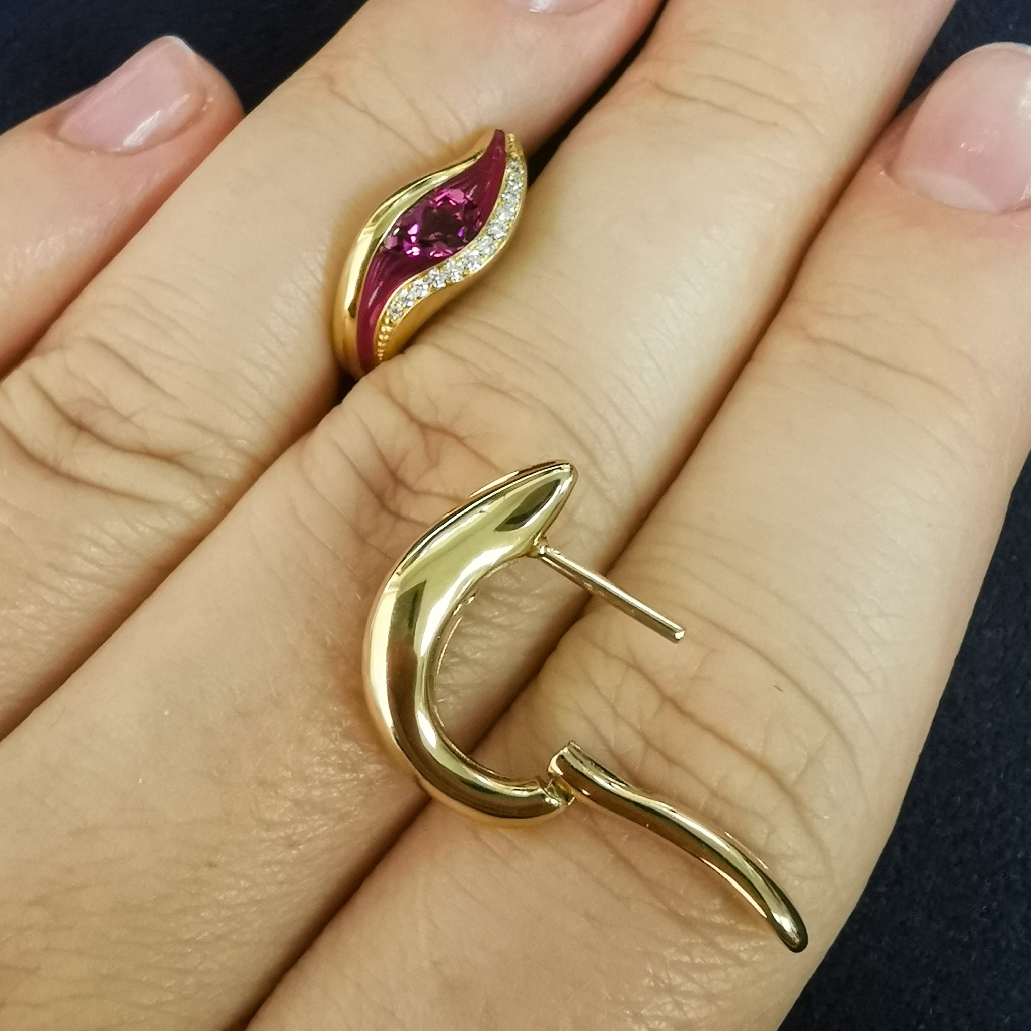 Enamel, Rubellite, Diamonds 18K Yellow Gold Earrings, E 0123-70