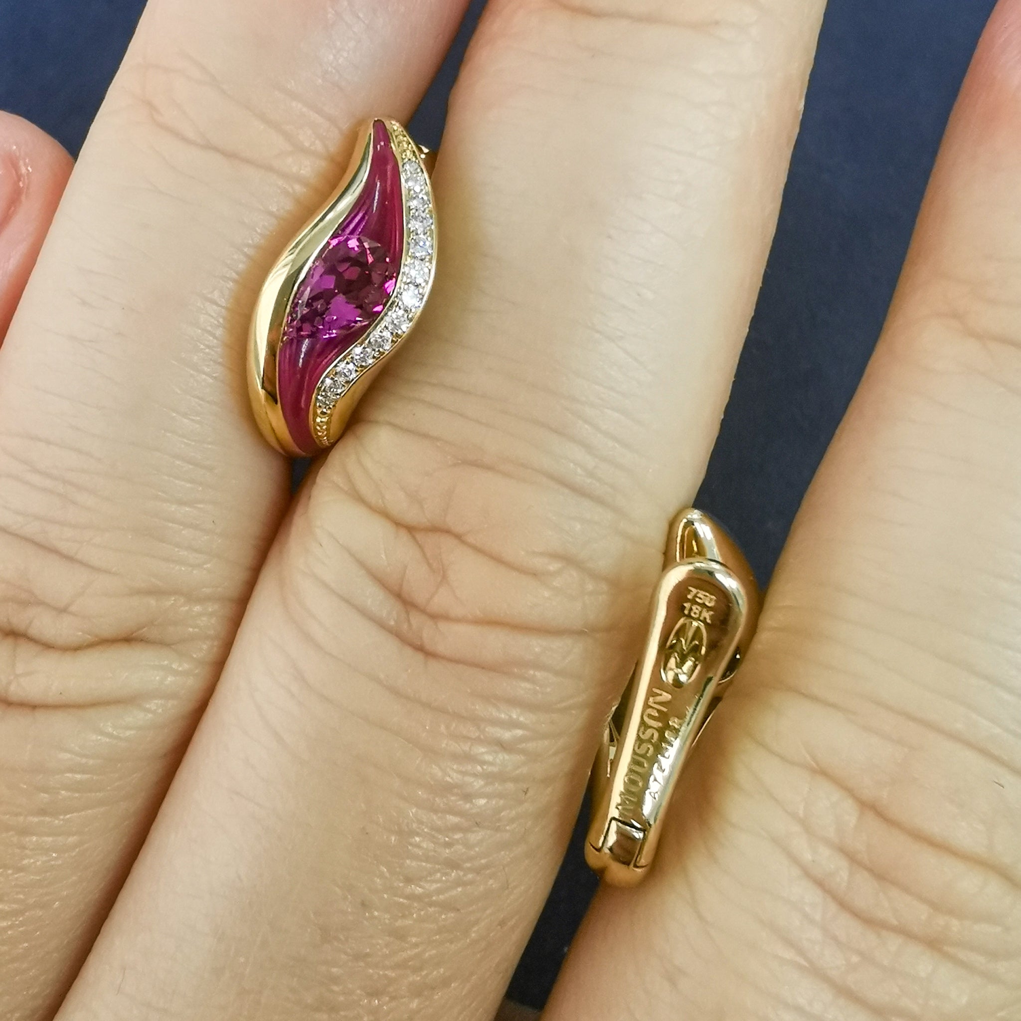 Enamel, Rubellite, Diamonds 18K Yellow Gold Earrings, E 0123-70
