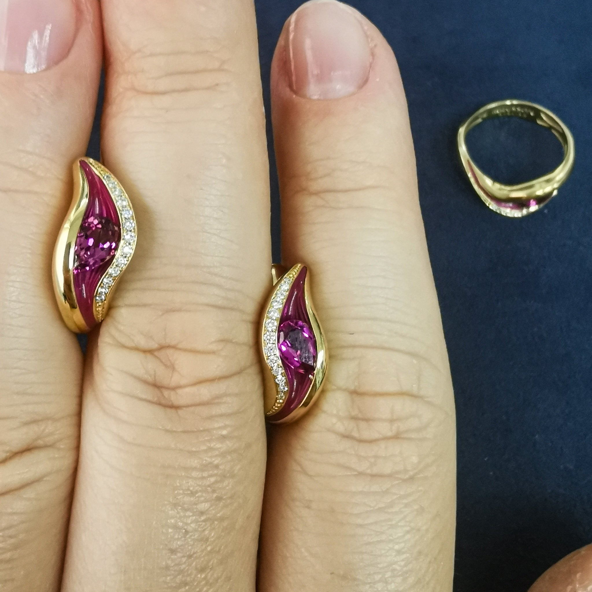 Enamel, Rubellite, Diamonds 18K Yellow Gold Earrings, E 0123-70