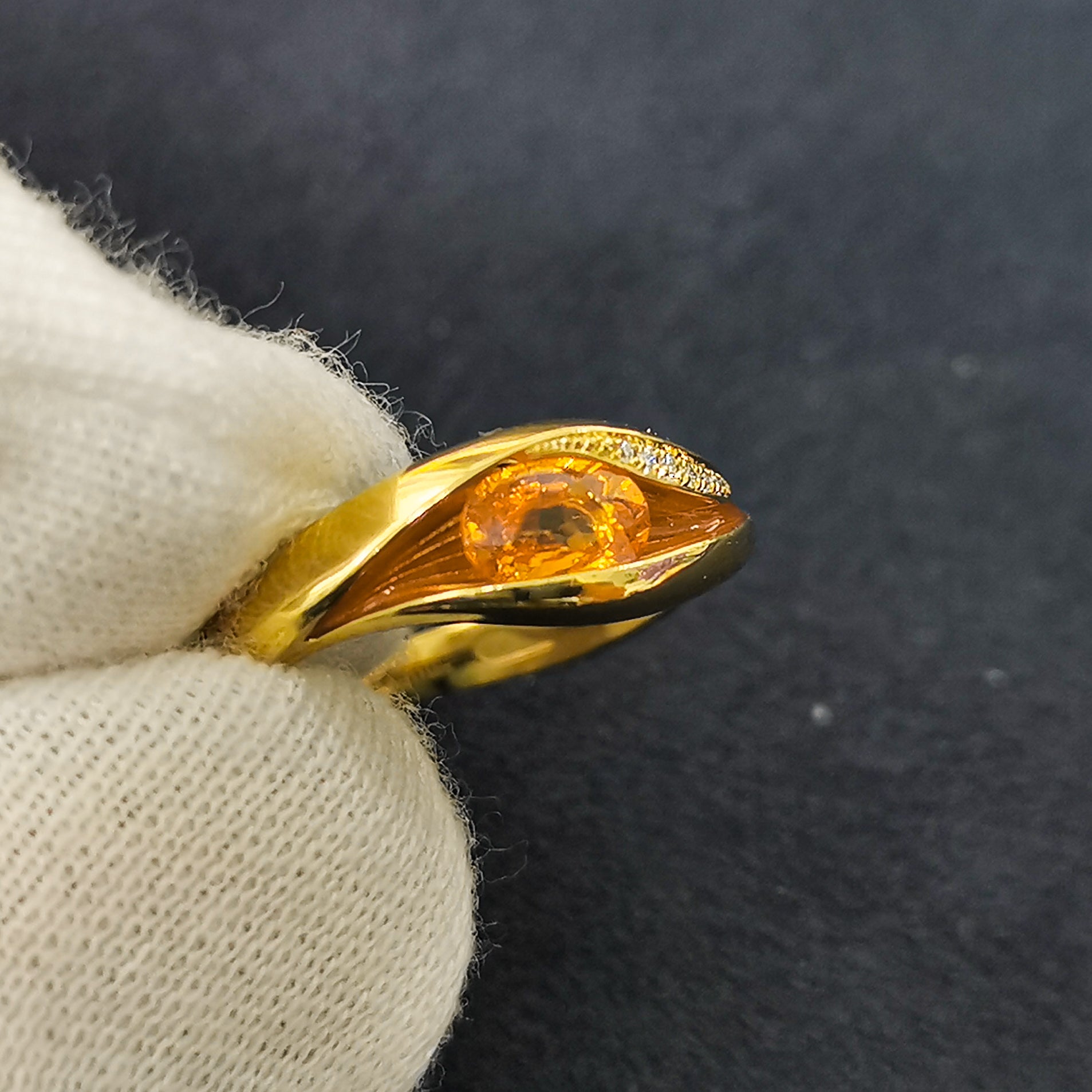 R 0123-6 18K Yellow Gold, Enamel, Spessartine Garnet, Diamonds Ring