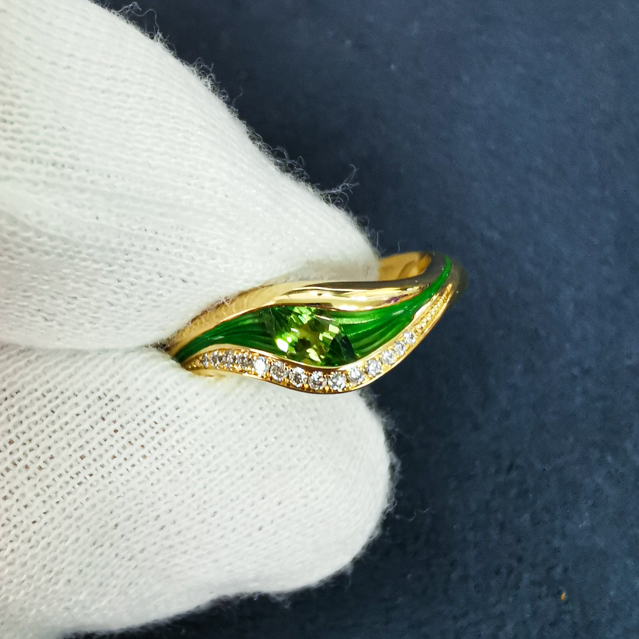 R 0123-8 18K Yellow Gold, Enamel, Tsavorite Garnet, Diamonds Ring
