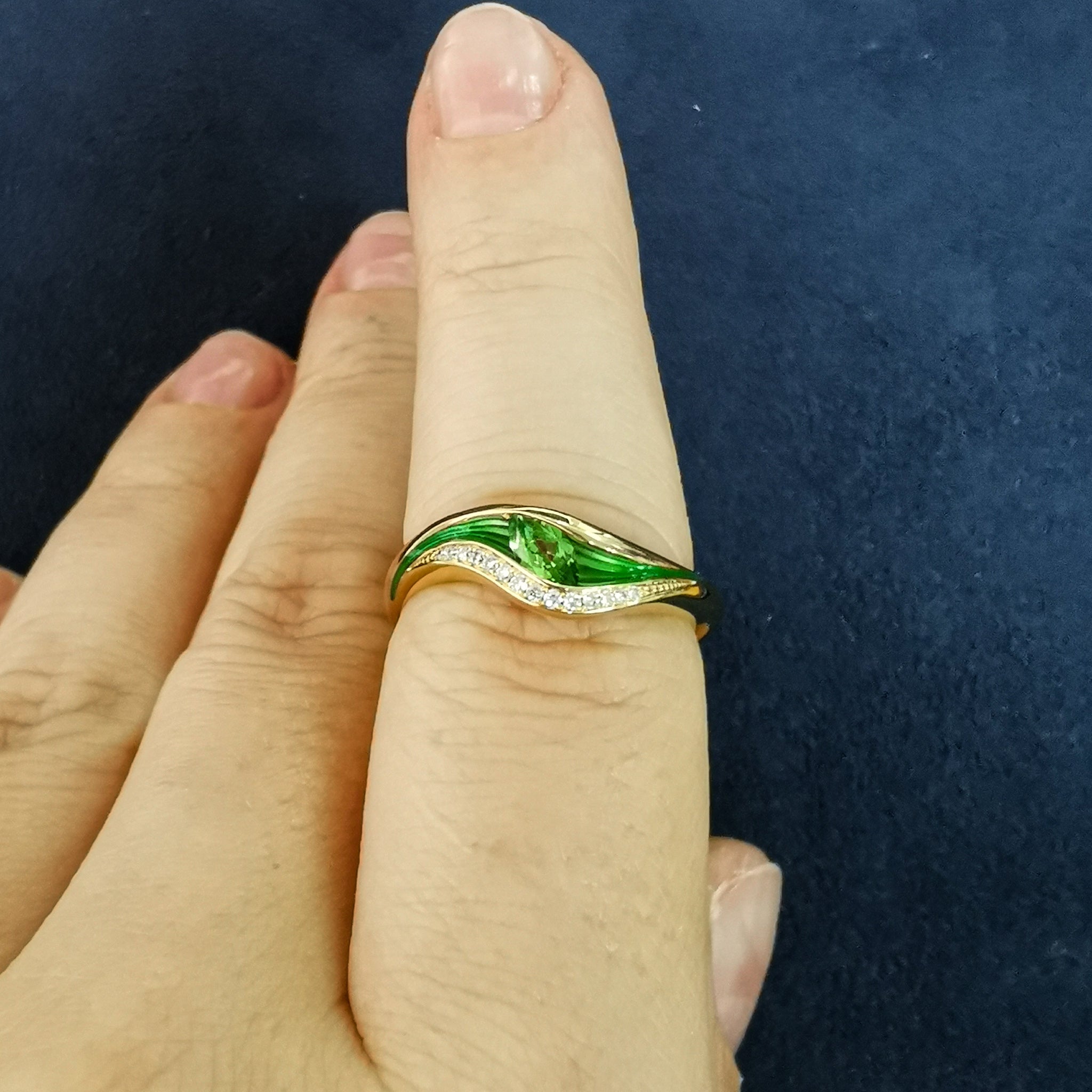 R 0123-8 18K Yellow Gold, Enamel, Tsavorite Garnet, Diamonds Ring