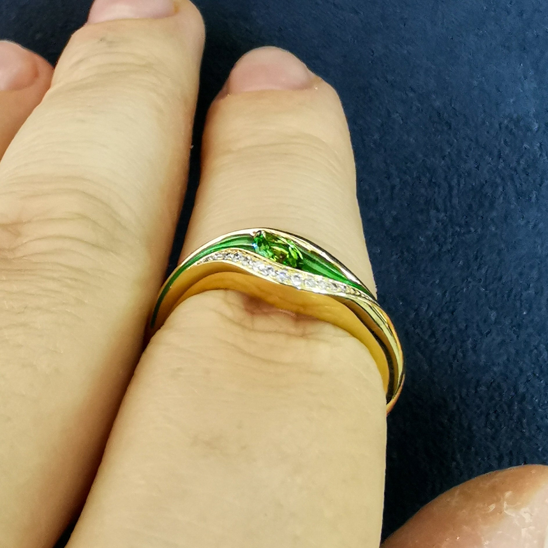R 0123-8 18K Yellow Gold, Enamel, Tsavorite Garnet, Diamonds Ring