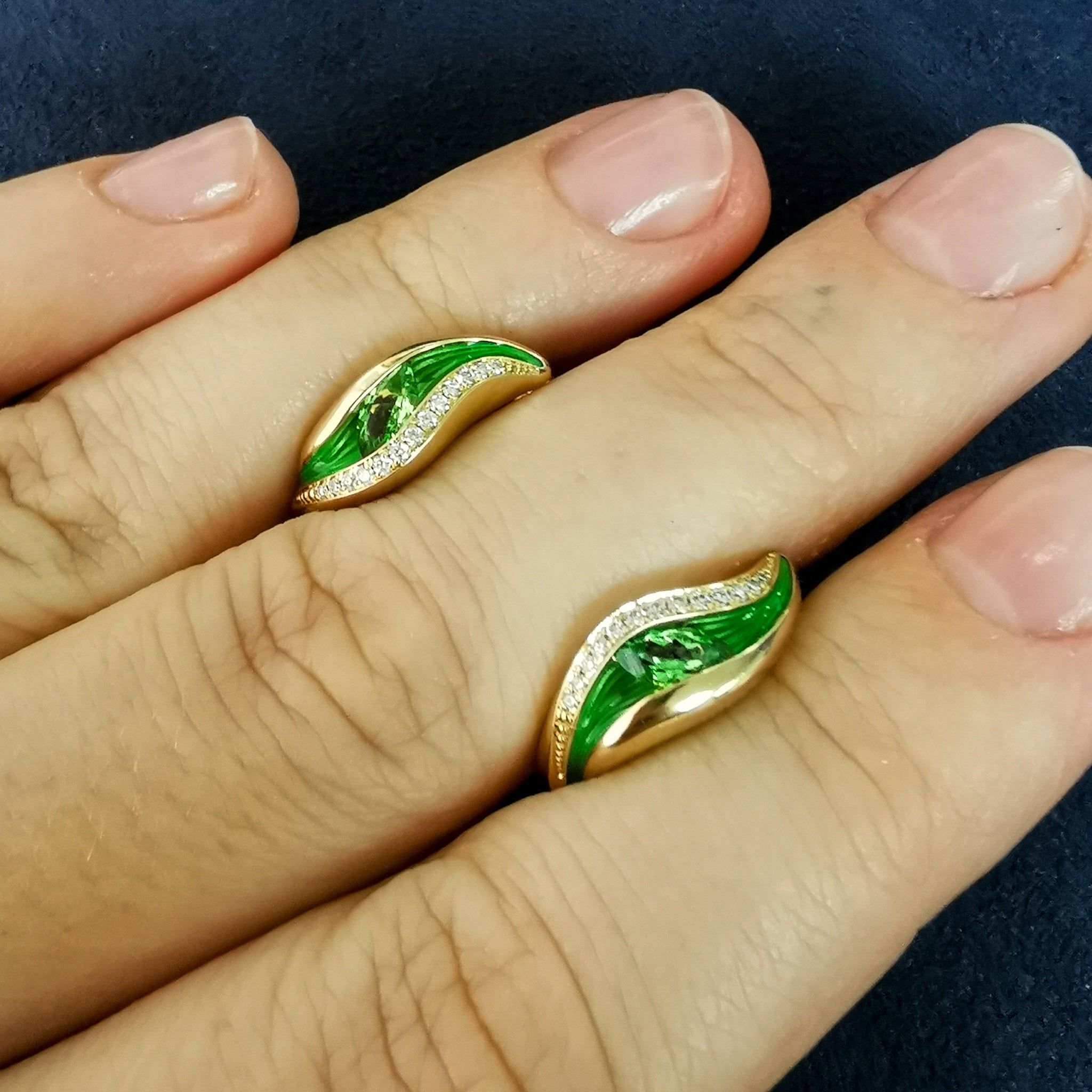 Enamel, Tsavorite Garnet, Diamonds 18K Yellow Gold Earrings, E 0123-80