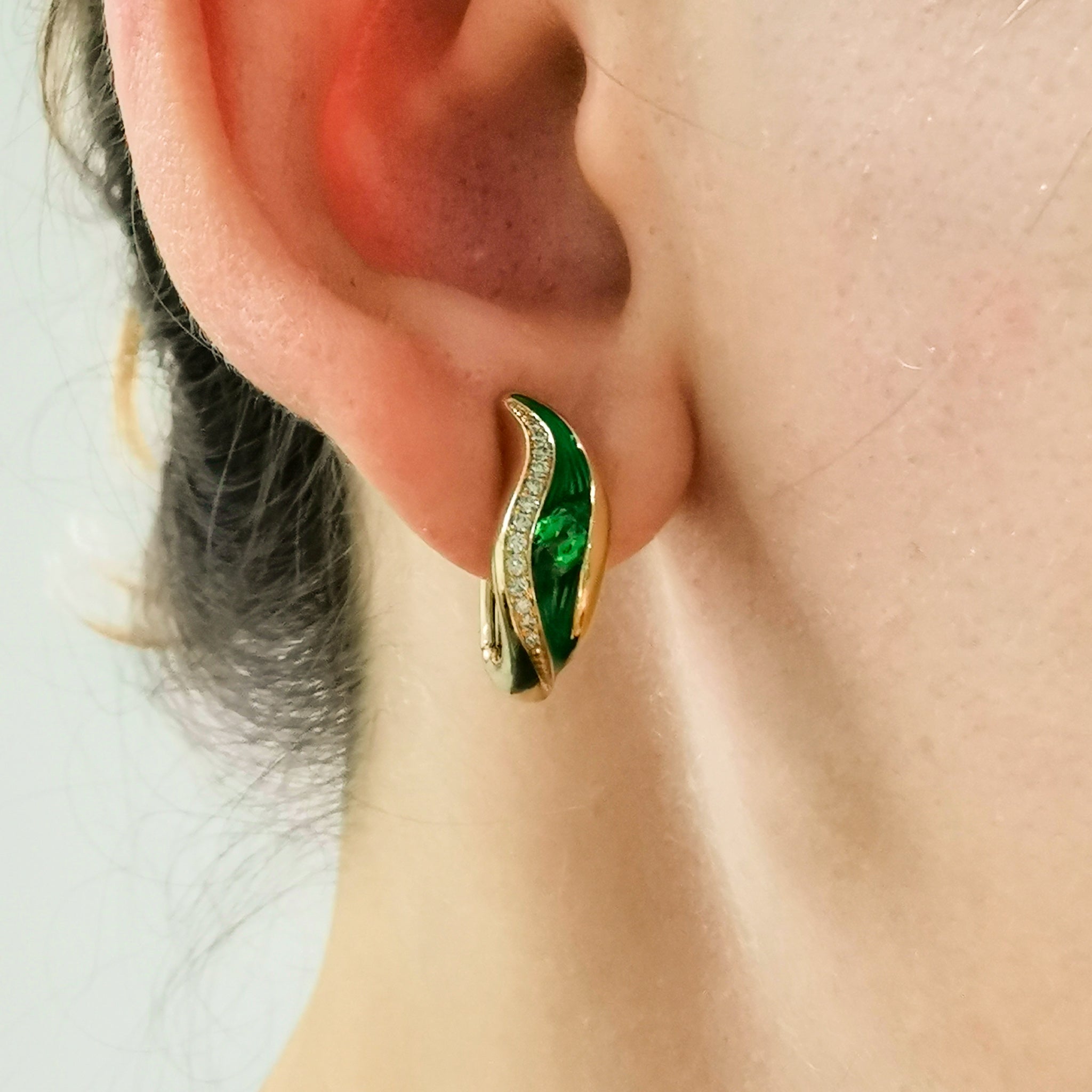 Enamel, Tsavorite Garnet, Diamonds 18K Yellow Gold Earrings, E 0123-80