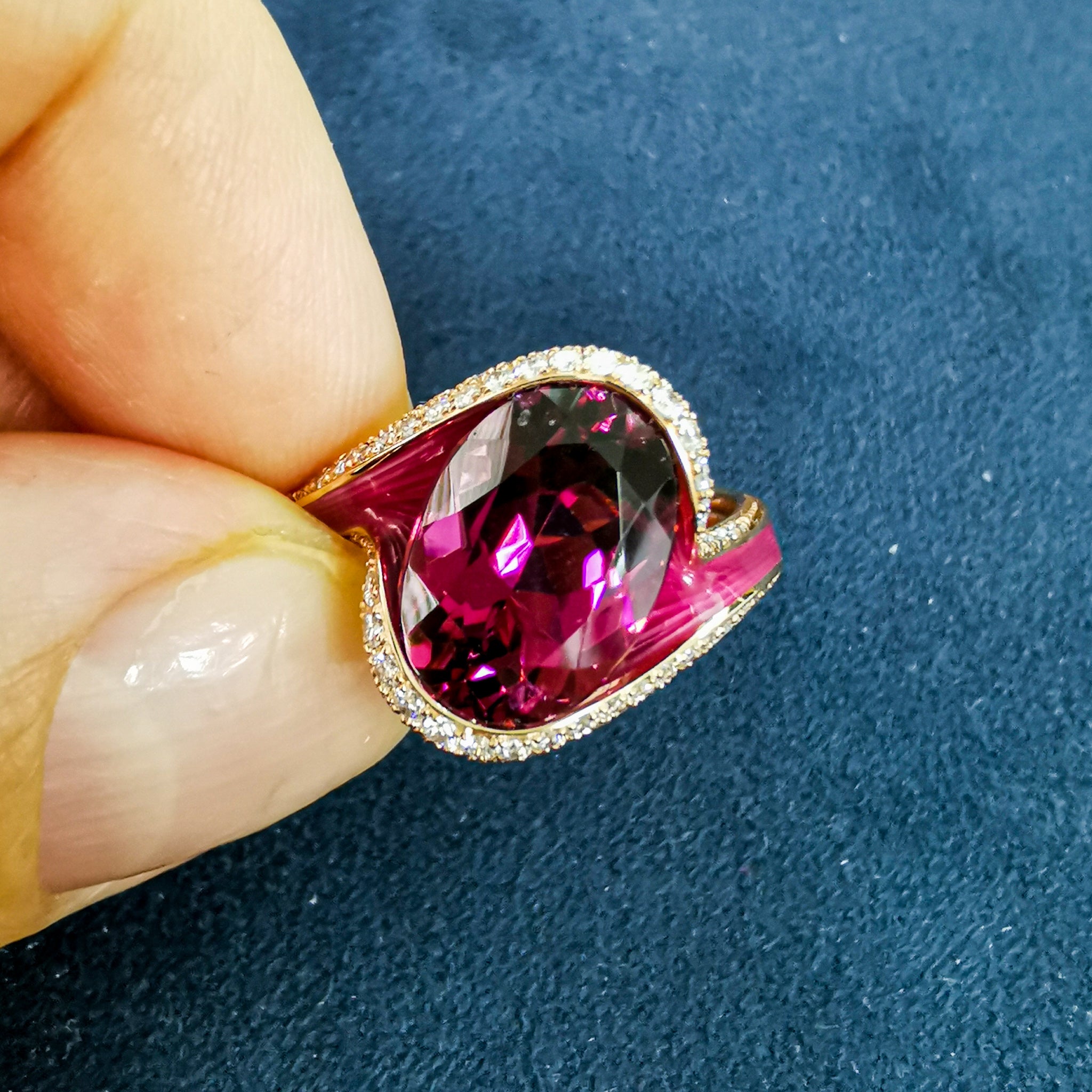 Rubellite, Diamonds  18K Rose Gold, Enamel Ring, R 0123-0
