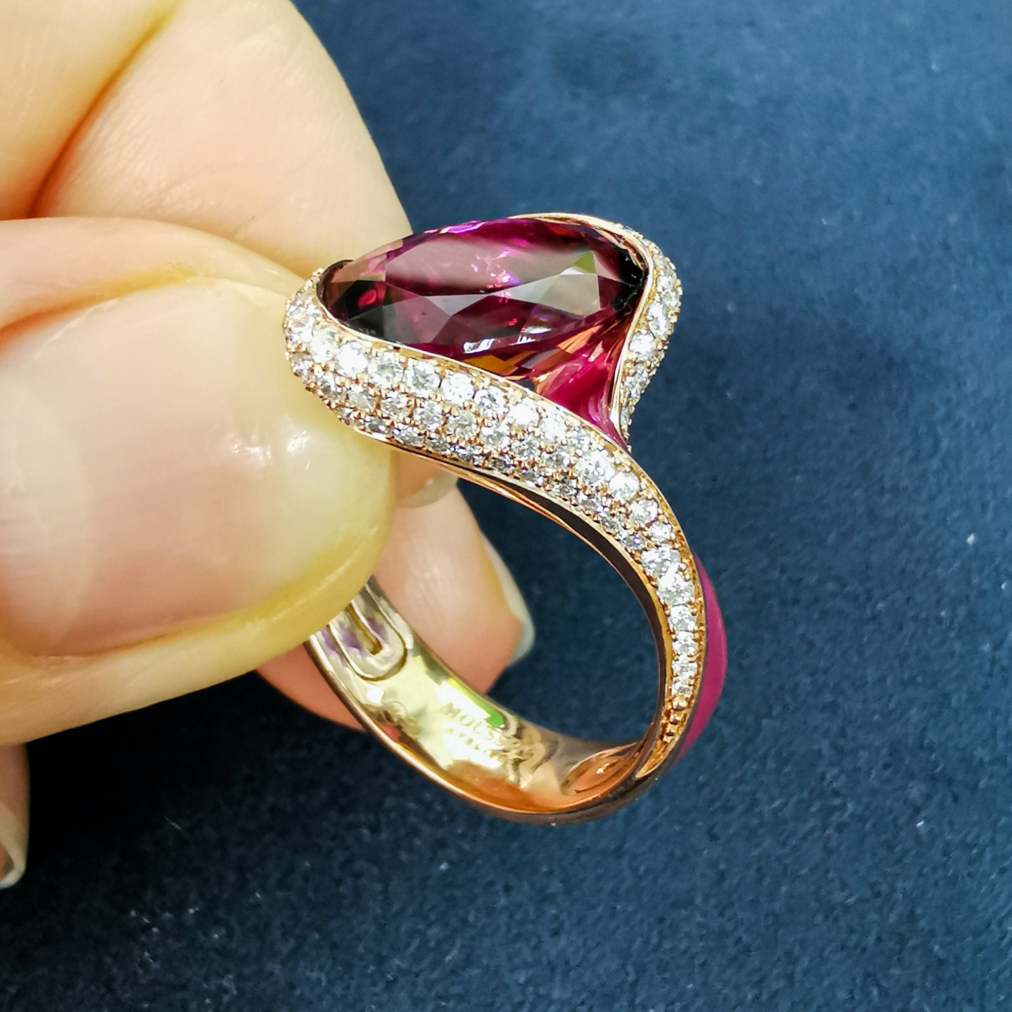 Rubellite, Diamonds  18K Rose Gold, Enamel Ring, R 0123-0