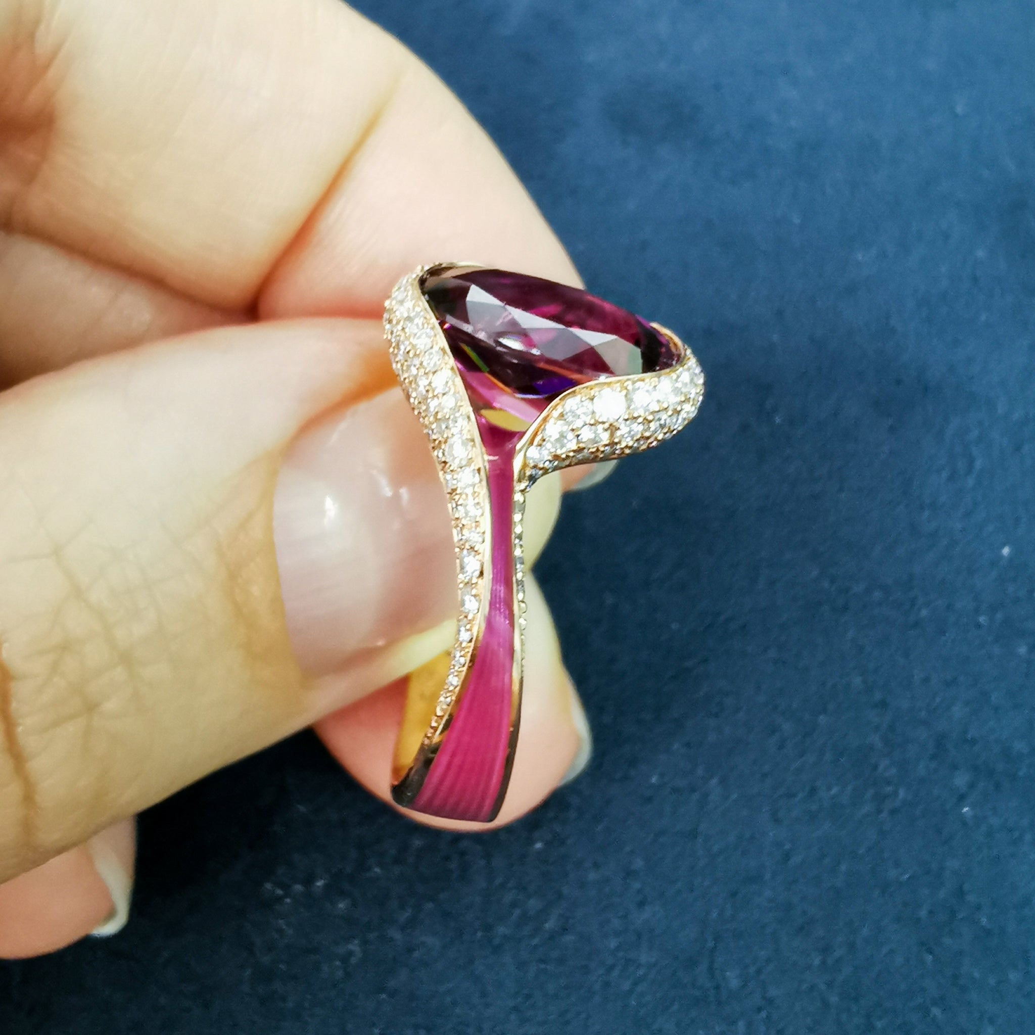 Rubellite, Diamonds  18K Rose Gold, Enamel Ring, R 0123-0
