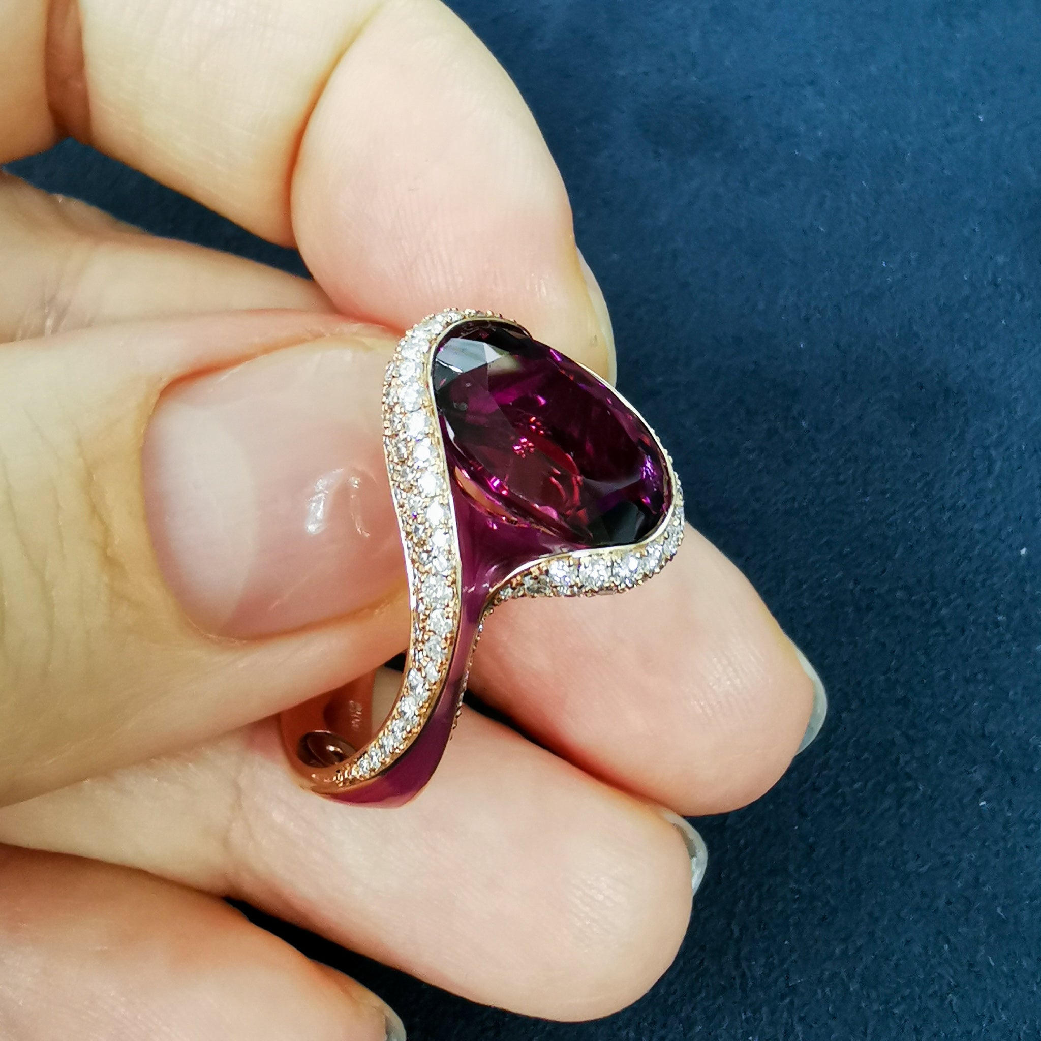 Rubellite, Diamonds  18K Rose Gold, Enamel Ring, R 0123-0