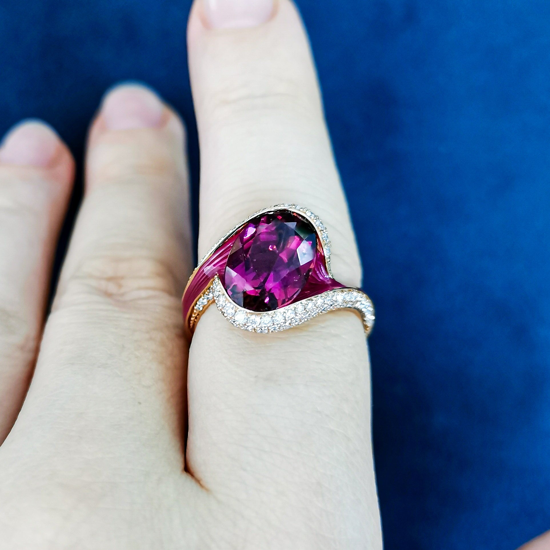 Rubellite, Diamonds  18K Rose Gold, Enamel Ring, R 0123-0